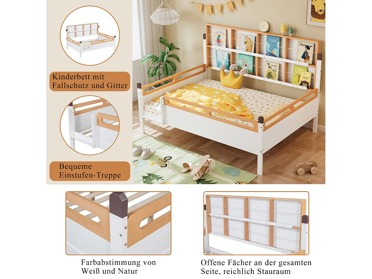 Letto per bambini 140 x 200 cm con libreria e protezione anticaduta - Pino + MDF - Bianco + naturale