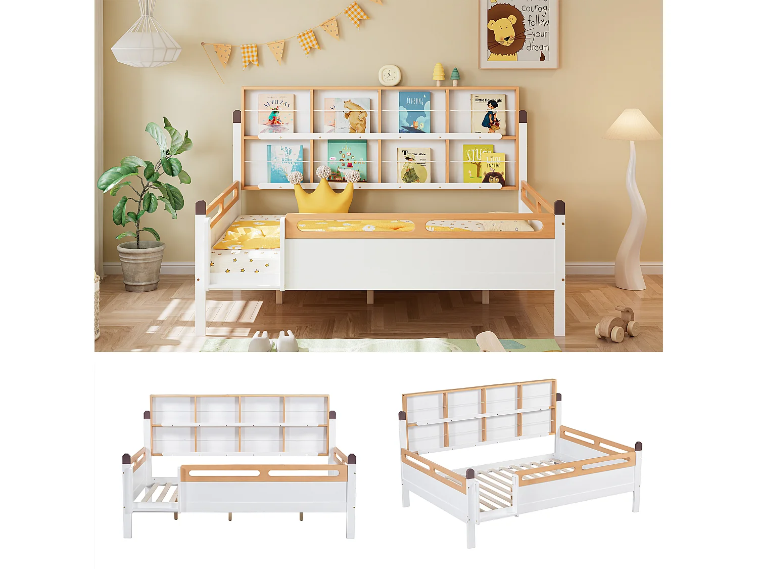 Letto per bambini 140 x 200 cm con libreria e protezione anticaduta - Pino + MDF - Bianco + naturale