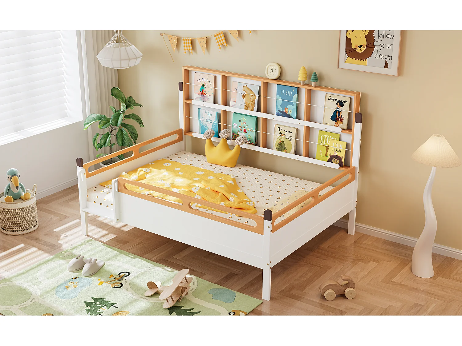 Letto per bambini 140 x 200 cm con libreria e protezione anticaduta - Pino + MDF - Bianco + naturale