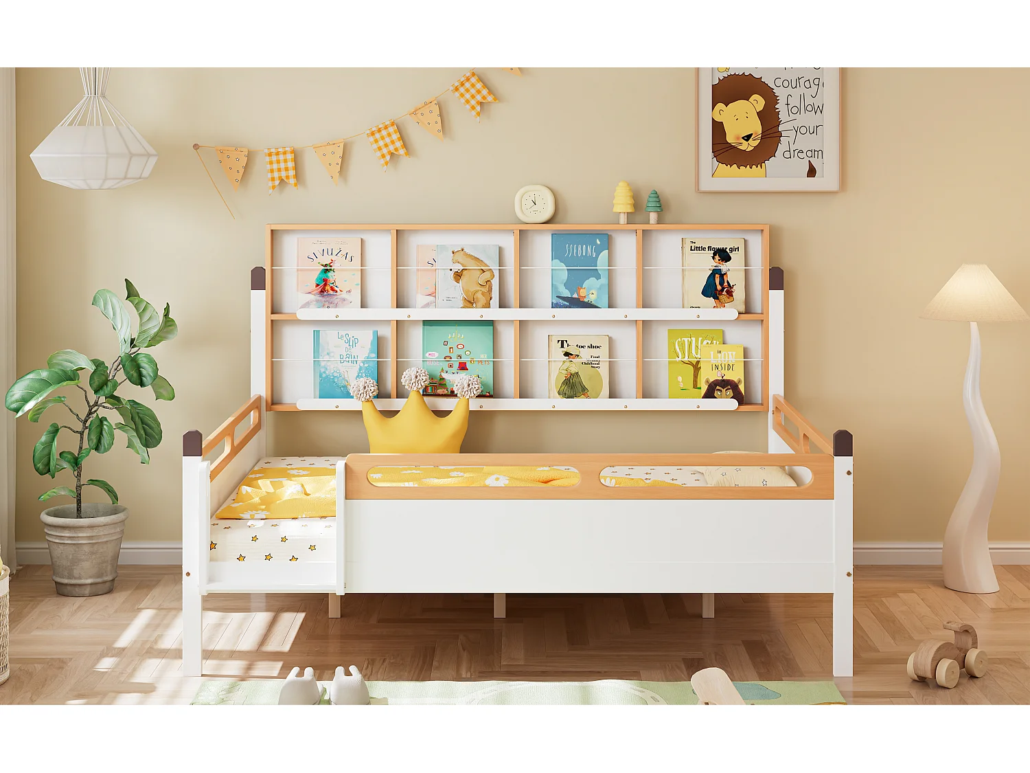 Letto per bambini 140 x 200 cm con libreria e protezione anticaduta - Pino + MDF - Bianco + naturale