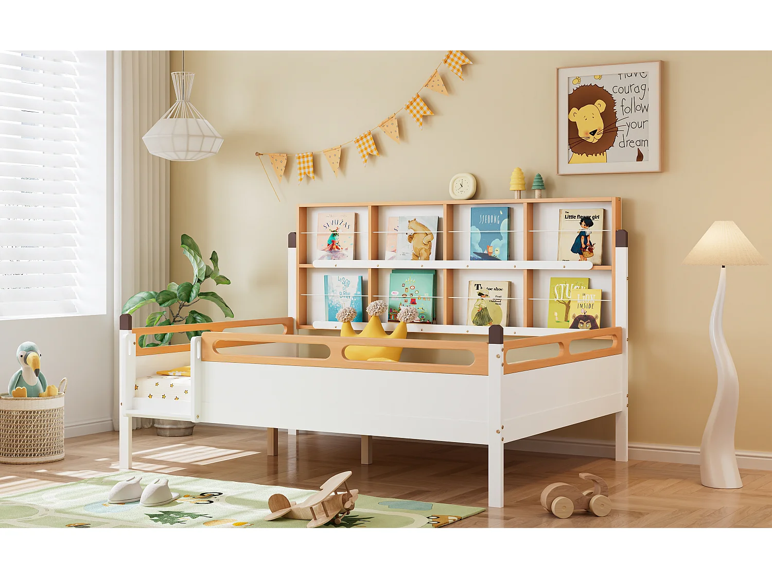 Letto per bambini 140 x 200 cm con libreria e protezione anticaduta - Pino + MDF - Bianco + naturale