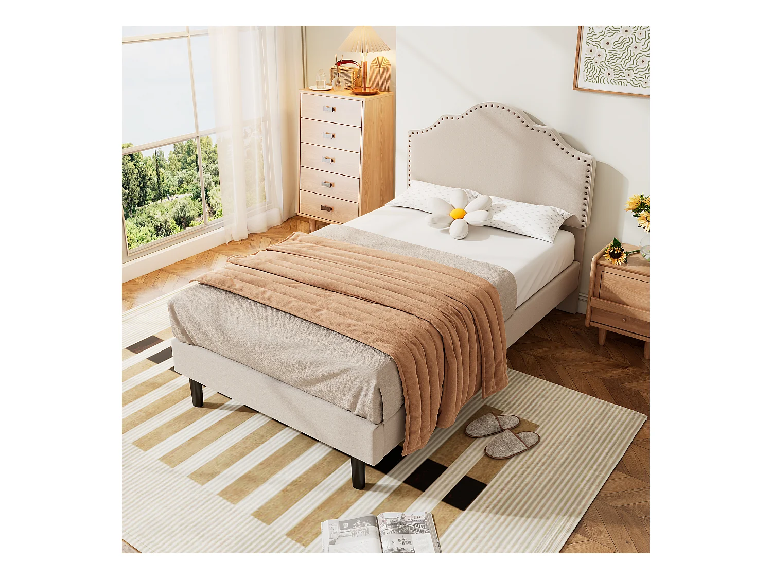 Gestoffeerd bed 90 x 200 cm met gebogen hoofdeinde - klinknageldecoratie - fluweel - beige (zonder matras)