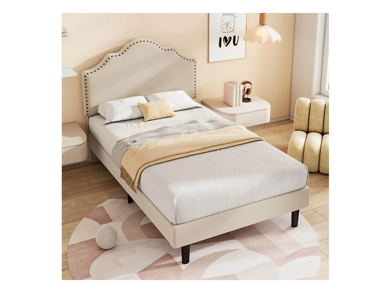 Gestoffeerd bed 90 x 200 cm met gebogen hoofdeinde - klinknageldecoratie - fluweel - beige (zonder matras)
