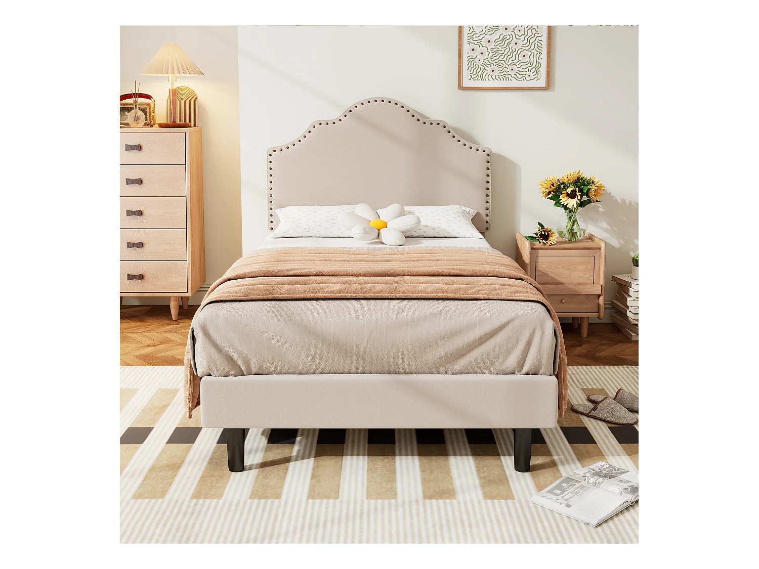 Gestoffeerd bed 90 x 200 cm met gebogen hoofdeinde - klinknageldecoratie - fluweel - beige (zonder matras)