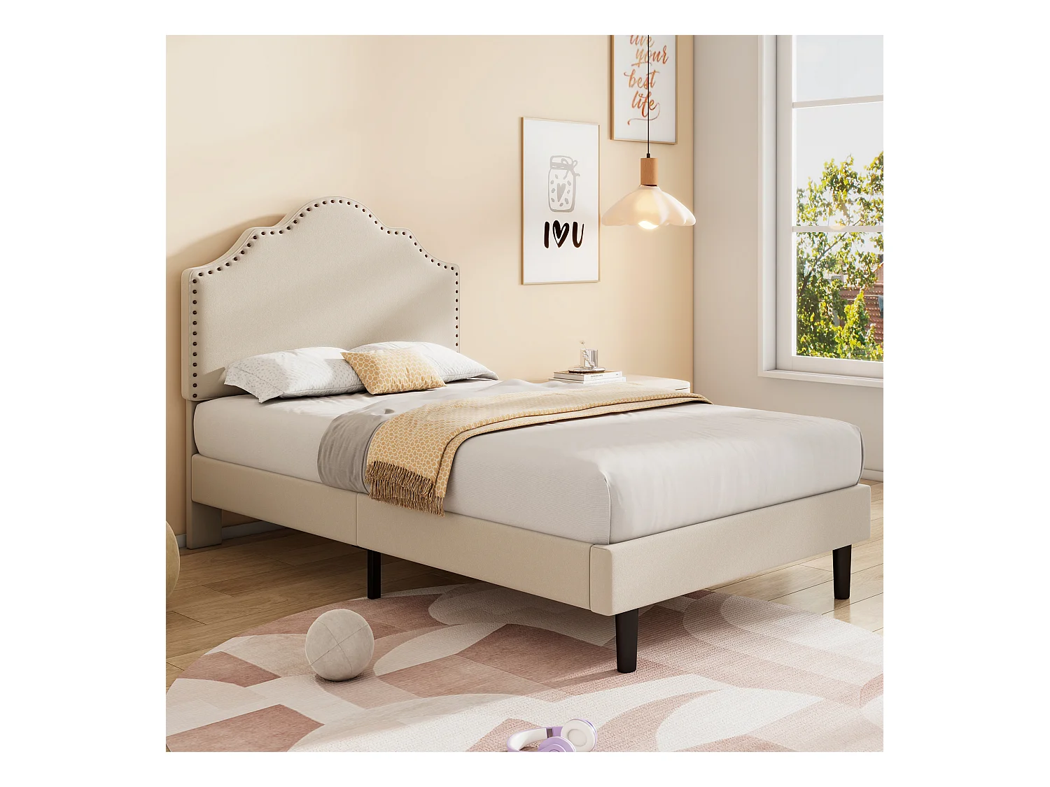 Gestoffeerd bed 90 x 200 cm met gebogen hoofdeinde - klinknageldecoratie - fluweel - beige (zonder matras)