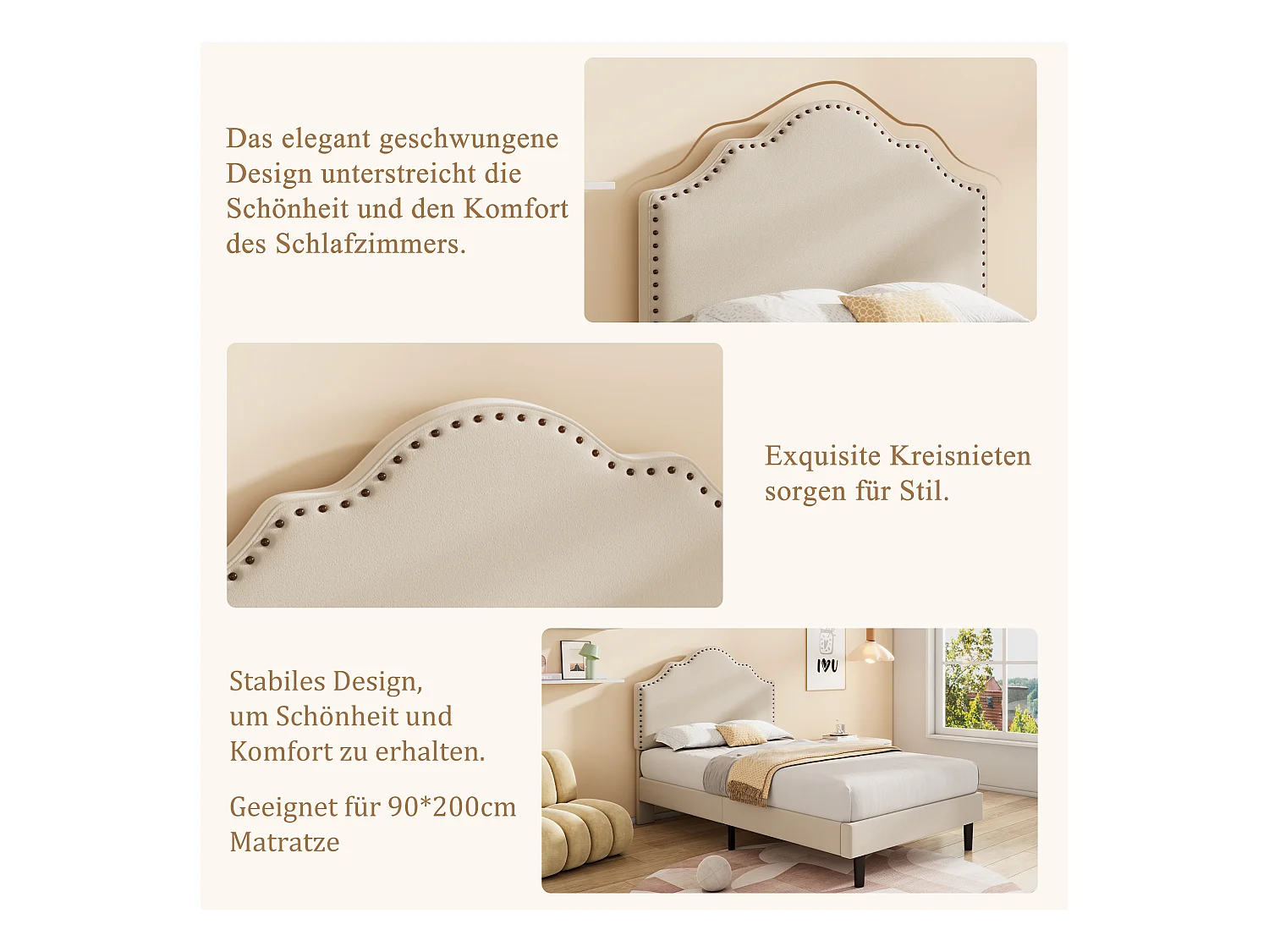 Gestoffeerd bed 90 x 200 cm met gebogen hoofdeinde - klinknageldecoratie - fluweel - beige (zonder matras)