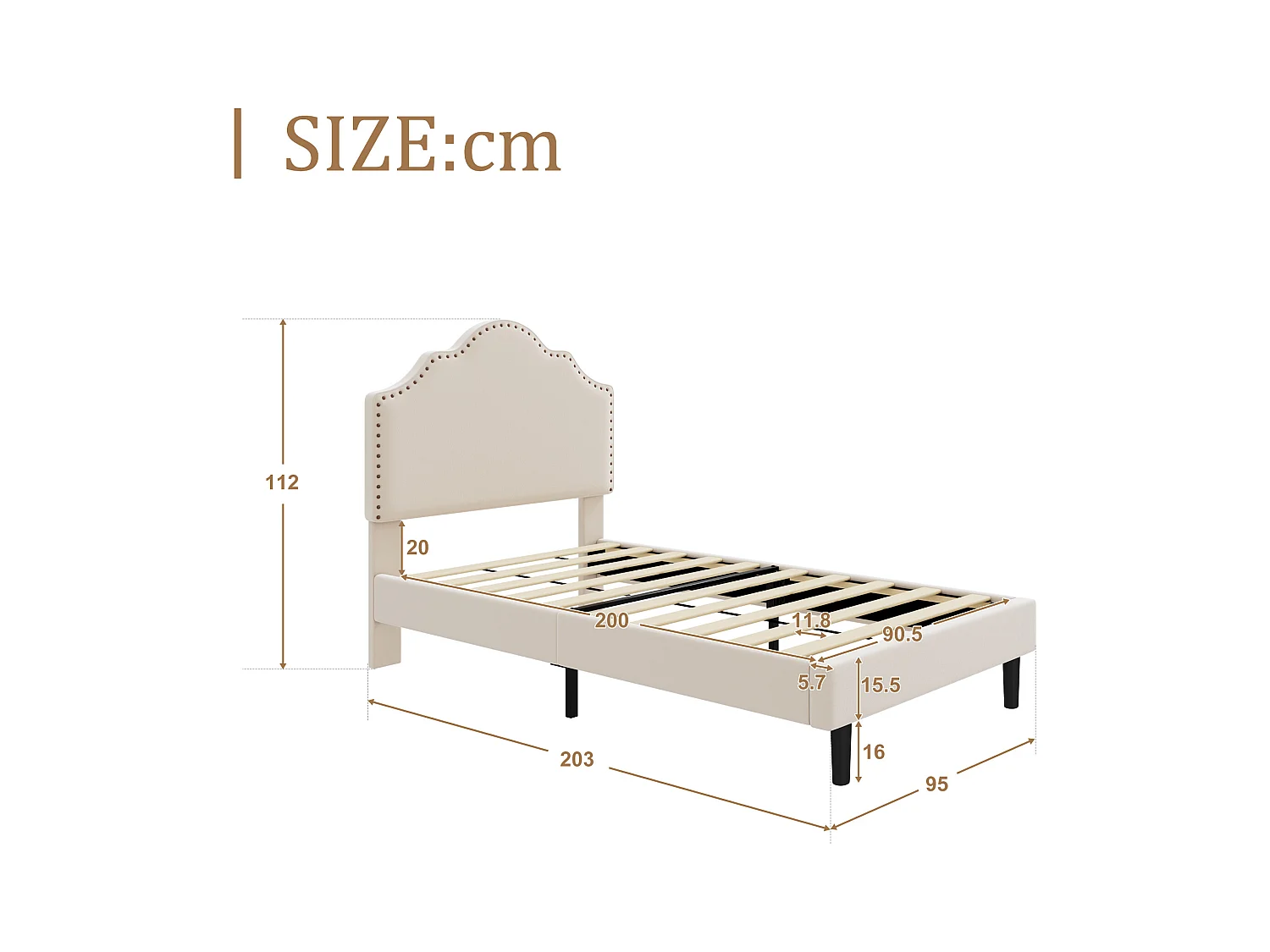 Gestoffeerd bed 90 x 200 cm met gebogen hoofdeinde - klinknageldecoratie - fluweel - beige (zonder matras)