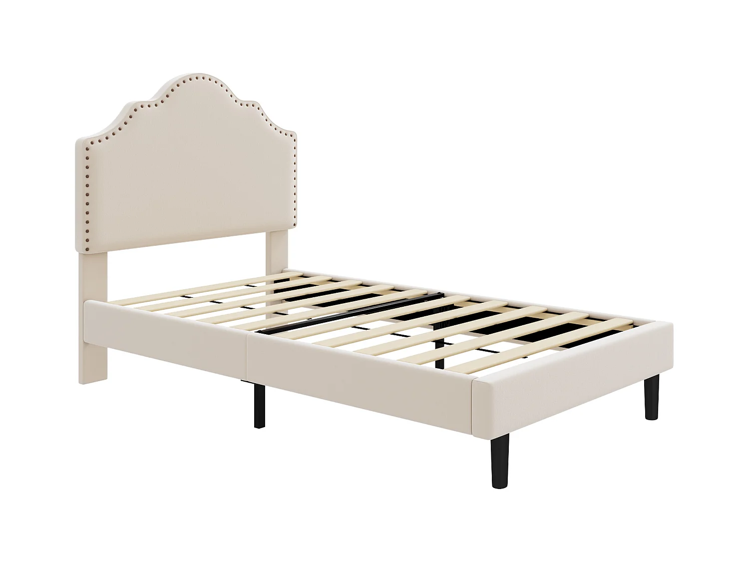 Gestoffeerd bed 90 x 200 cm met gebogen hoofdeinde - klinknageldecoratie - fluweel - beige (zonder matras)