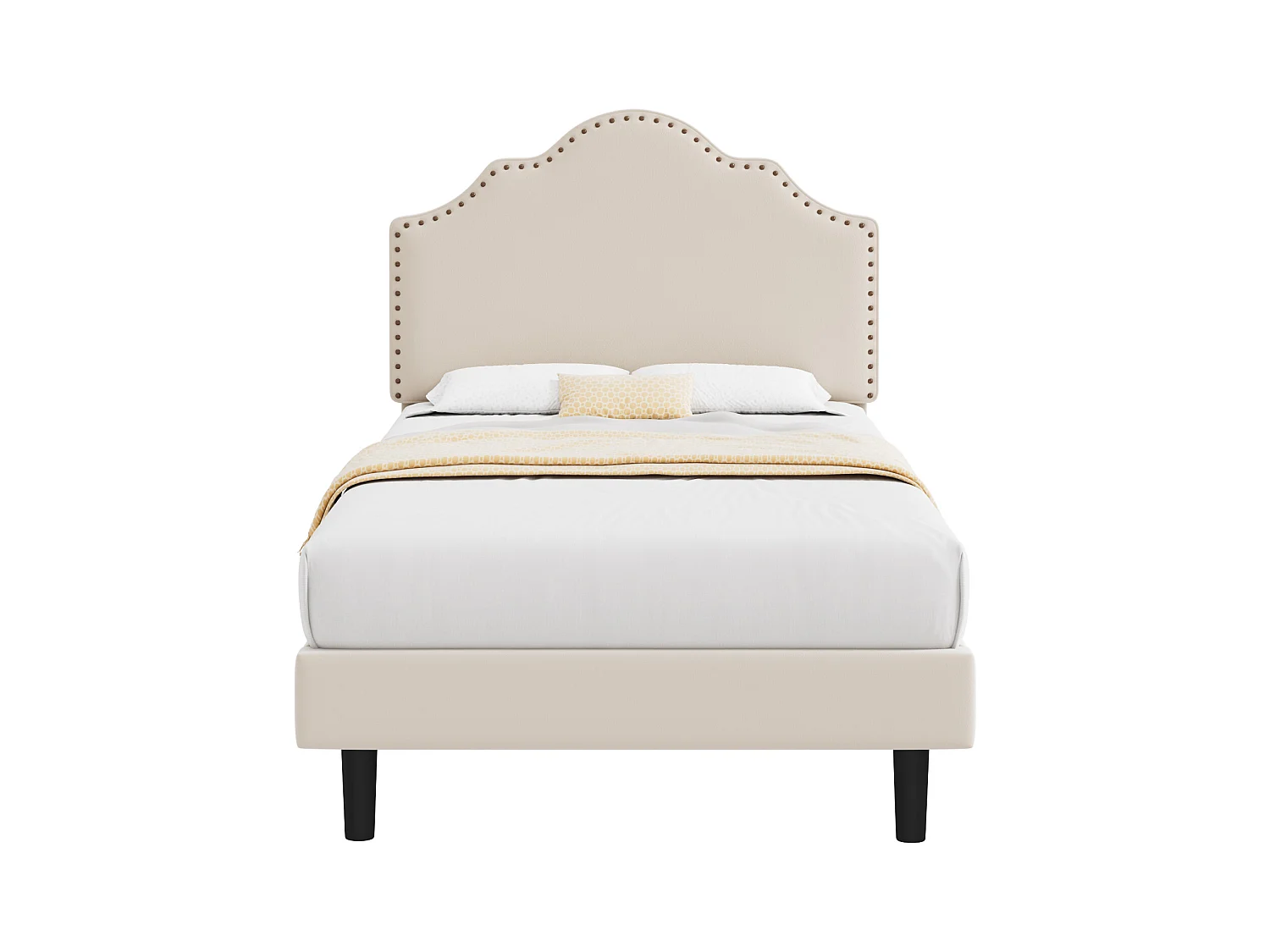 Gestoffeerd bed 90 x 200 cm met gebogen hoofdeinde - klinknageldecoratie - fluweel - beige (zonder matras)