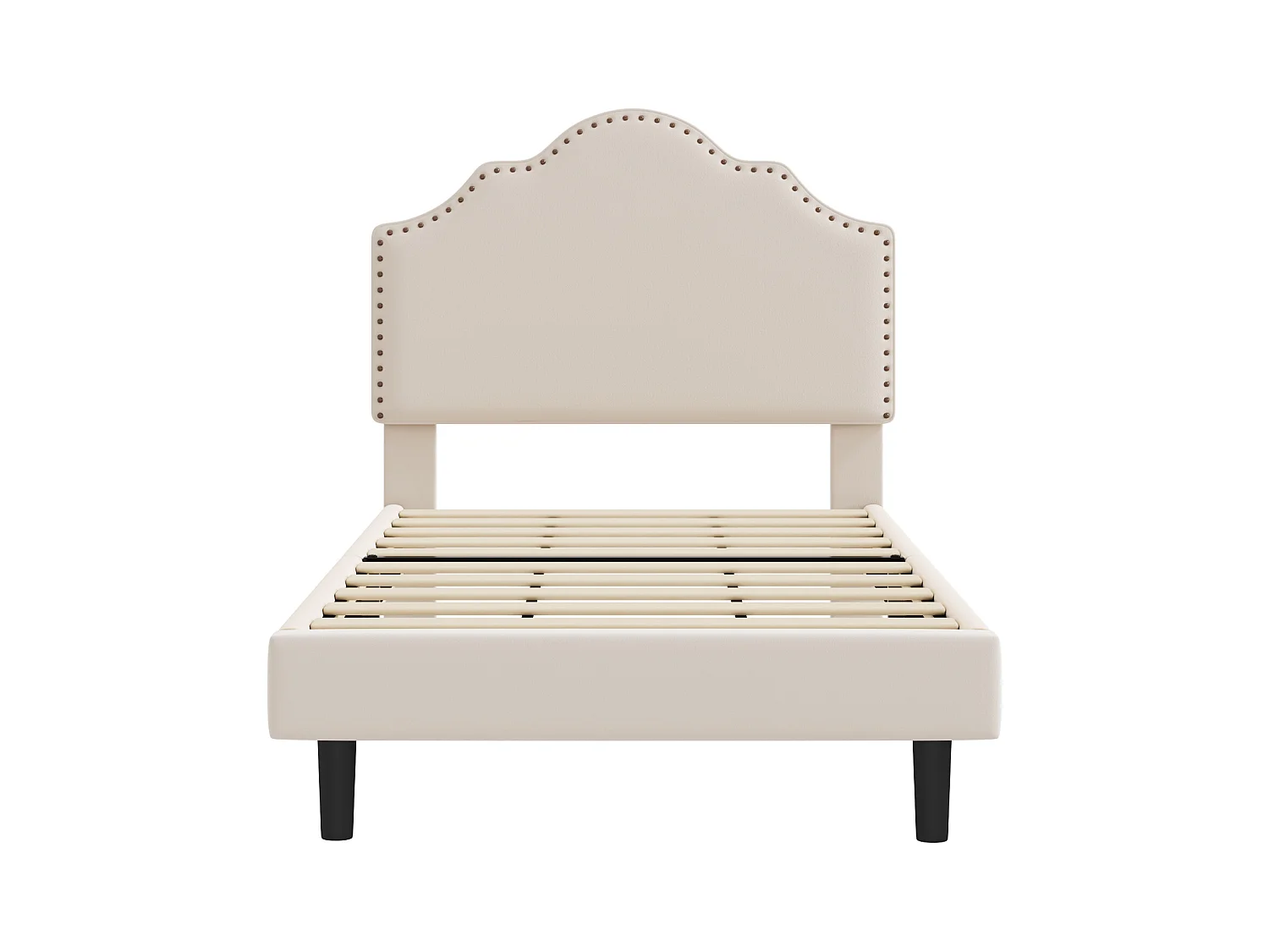 Gestoffeerd bed 90 x 200 cm met gebogen hoofdeinde - klinknageldecoratie - fluweel - beige (zonder matras)