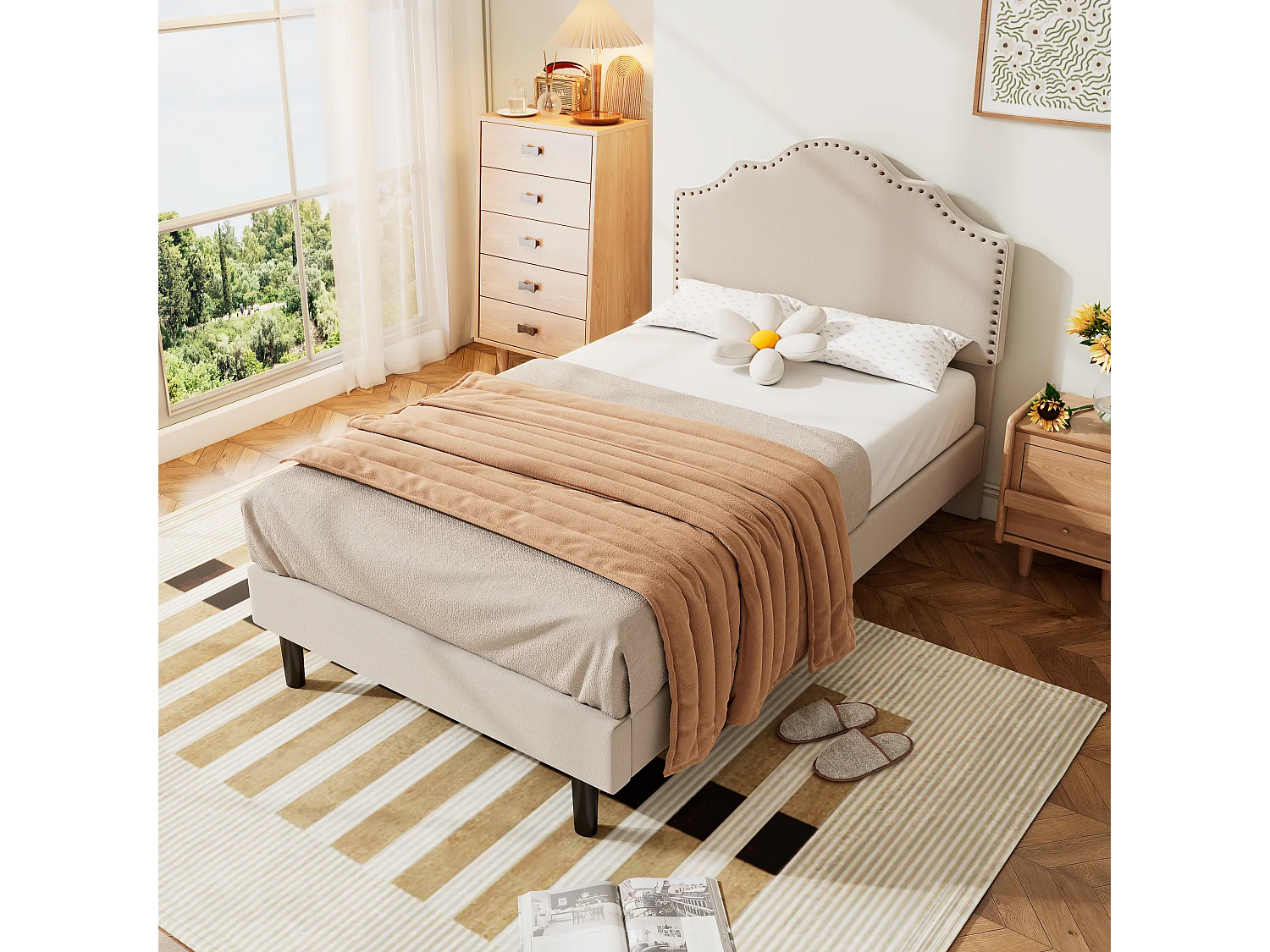 Gestoffeerd bed 90 x 200 cm met gebogen hoofdeinde - klinknageldecoratie - fluweel - beige (zonder matras)