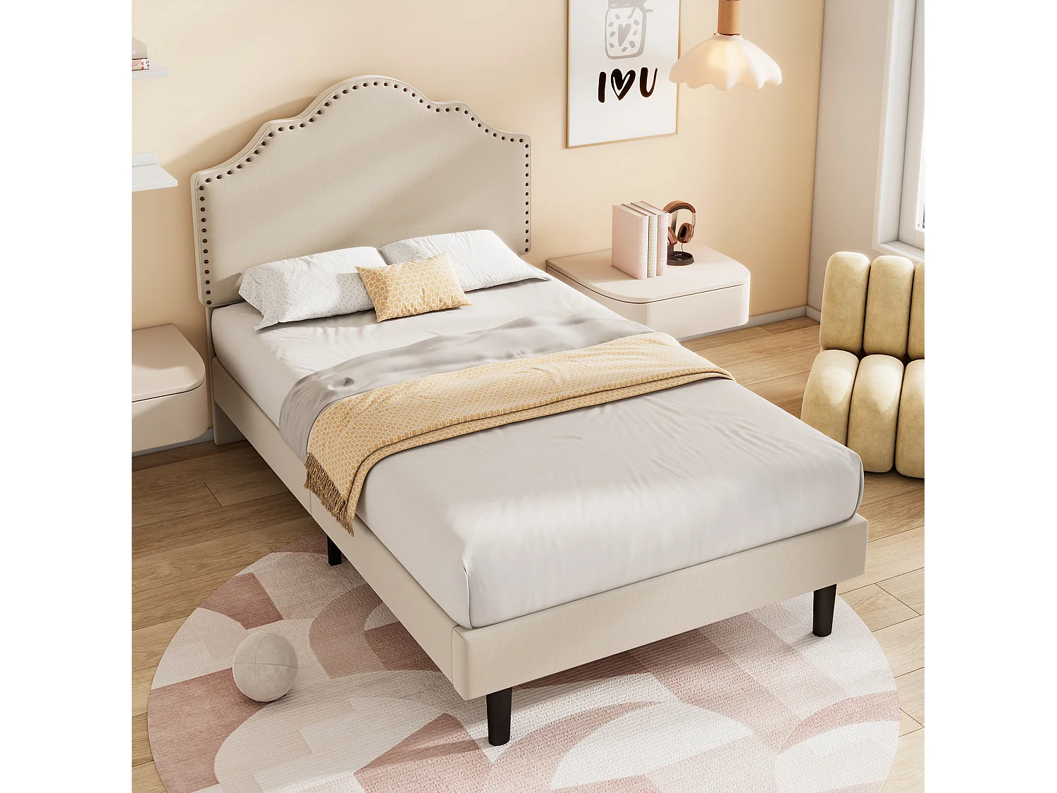 Gestoffeerd bed 90 x 200 cm met gebogen hoofdeinde - klinknageldecoratie - fluweel - beige (zonder matras)