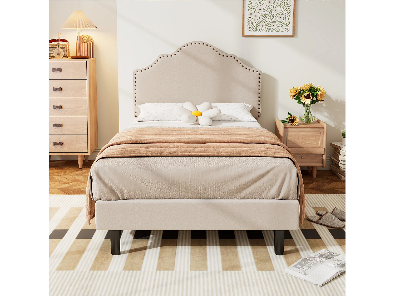 Gestoffeerd bed 90 x 200 cm met gebogen hoofdeinde - klinknageldecoratie - fluweel - beige (zonder matras)