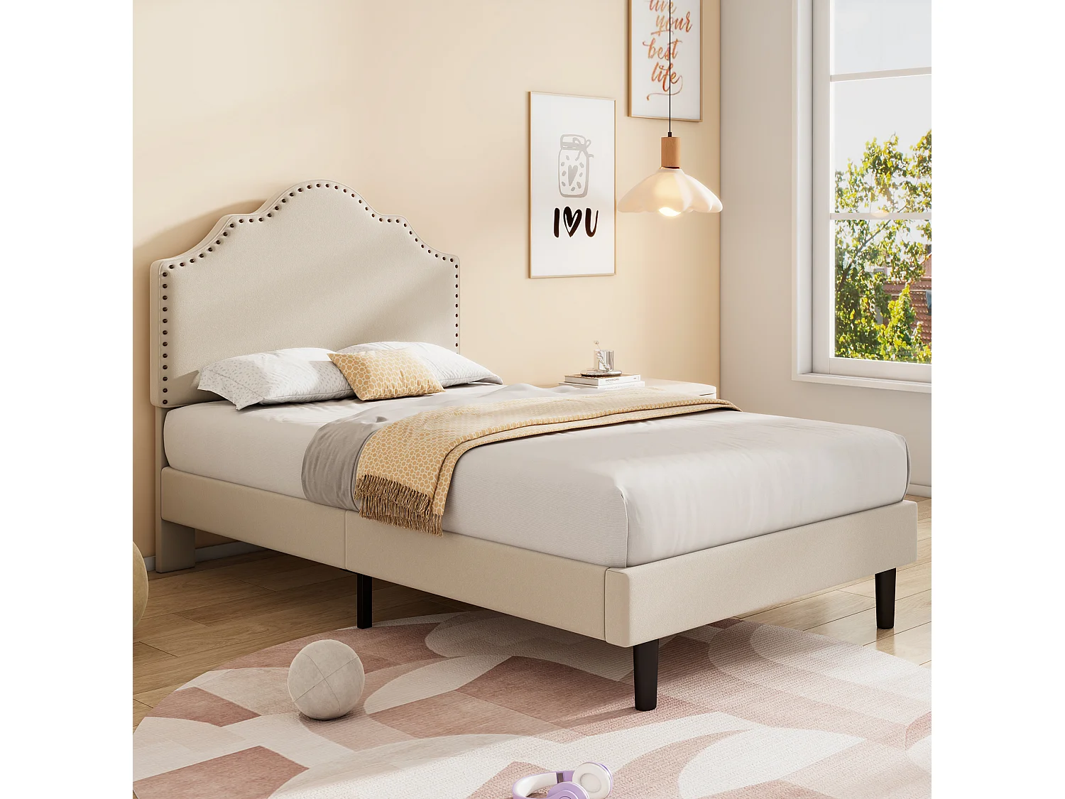 Gestoffeerd bed 90 x 200 cm met gebogen hoofdeinde - klinknageldecoratie - fluweel - beige (zonder matras)