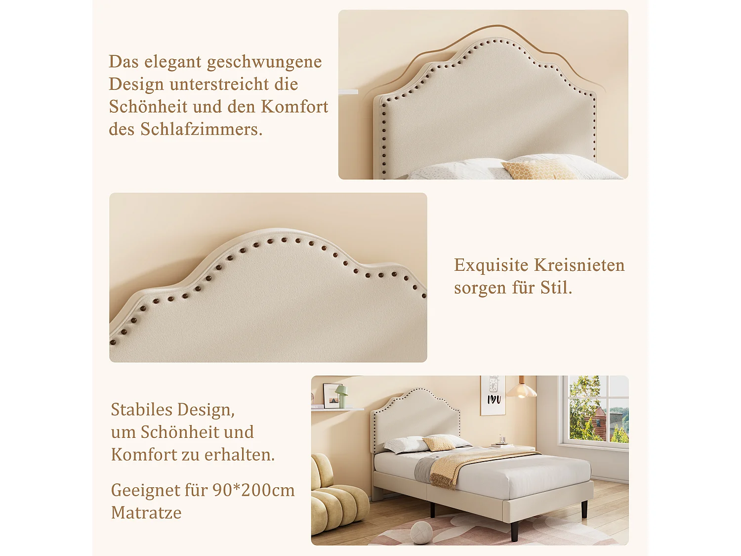 Gestoffeerd bed 90 x 200 cm met gebogen hoofdeinde - klinknageldecoratie - fluweel - beige (zonder matras)