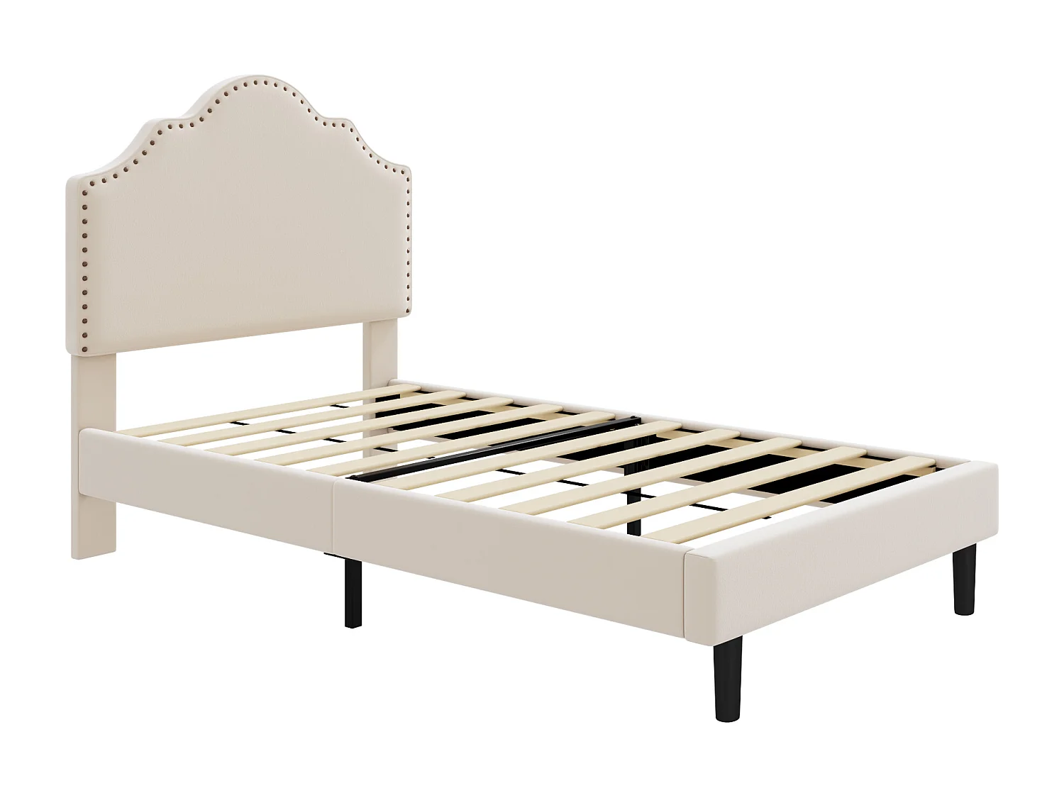 Gestoffeerd bed 90 x 200 cm met gebogen hoofdeinde - klinknageldecoratie - fluweel - beige (zonder matras)