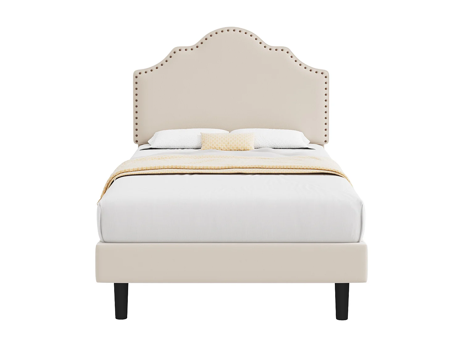 Gestoffeerd bed 90 x 200 cm met gebogen hoofdeinde - klinknageldecoratie - fluweel - beige (zonder matras)