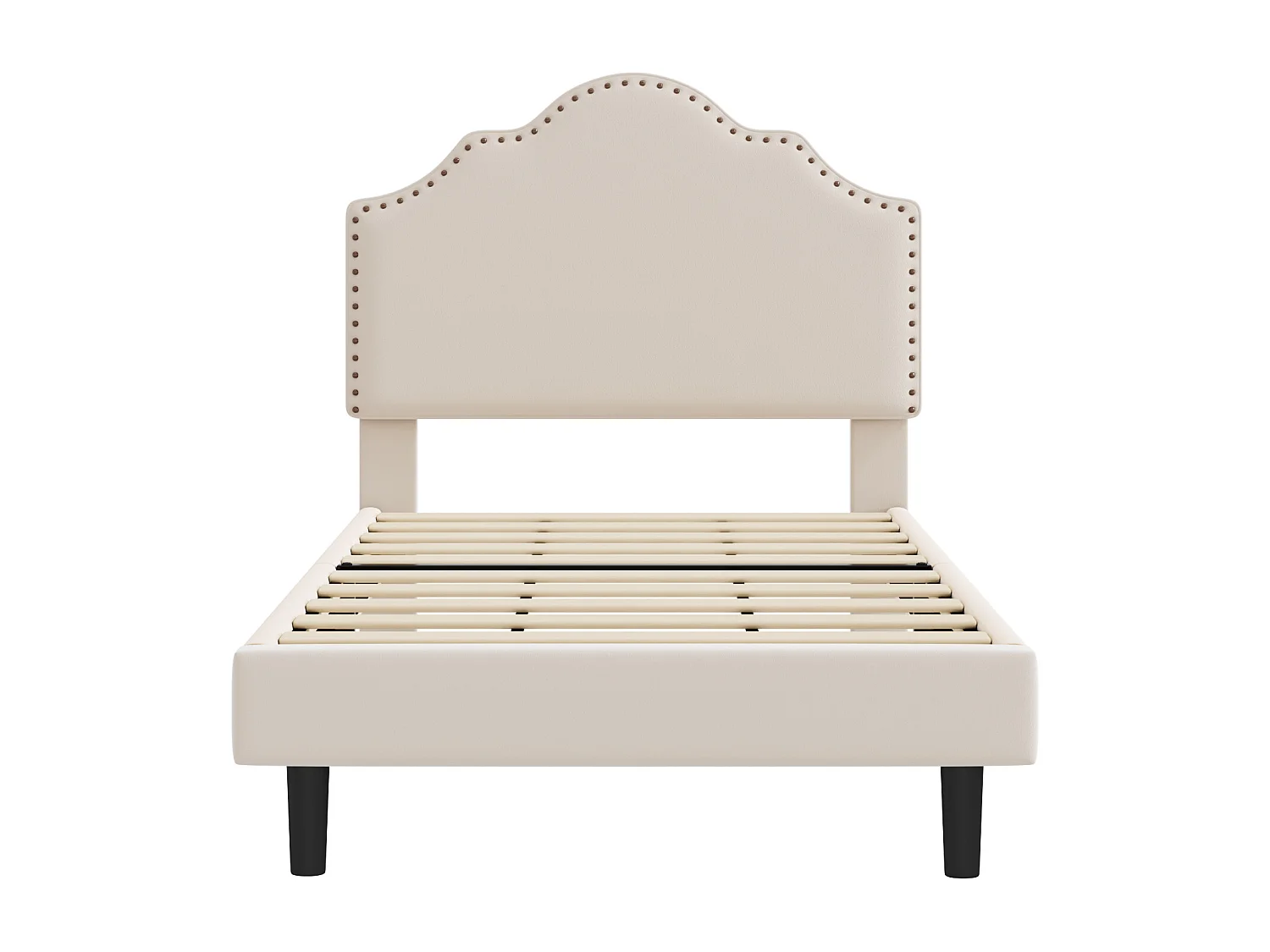 Gestoffeerd bed 90 x 200 cm met gebogen hoofdeinde - klinknageldecoratie - fluweel - beige (zonder matras)