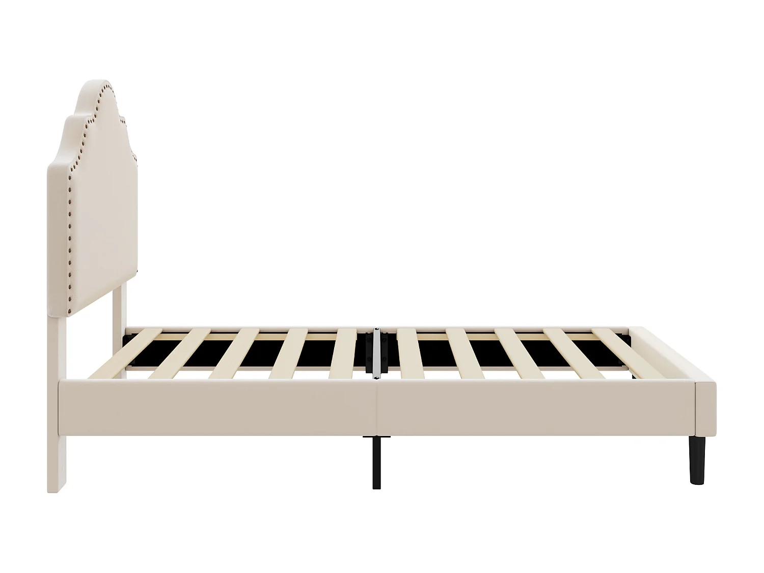 Gestoffeerd bed 90 x 200 cm met gebogen hoofdeinde - klinknageldecoratie - fluweel - beige (zonder matras)