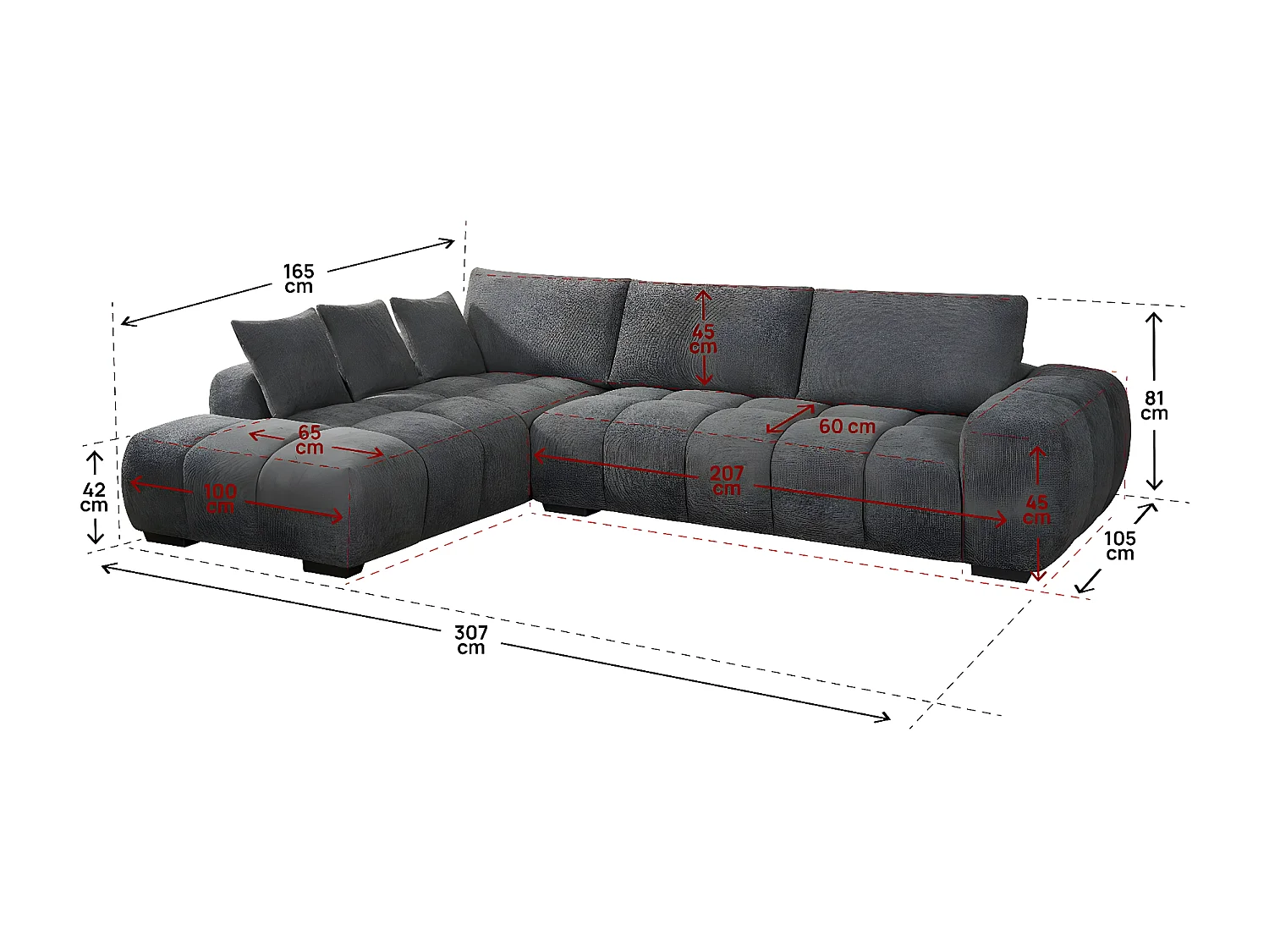 Bank hoekbank meubel stof "Monceau" - 3 zits - Grijs