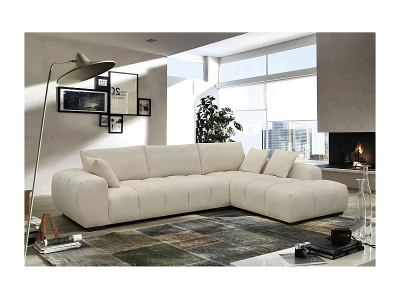 Sofá de canto "Monceau" em tecido bege - 3 lugares confortáveis com 6 almofadas combinando