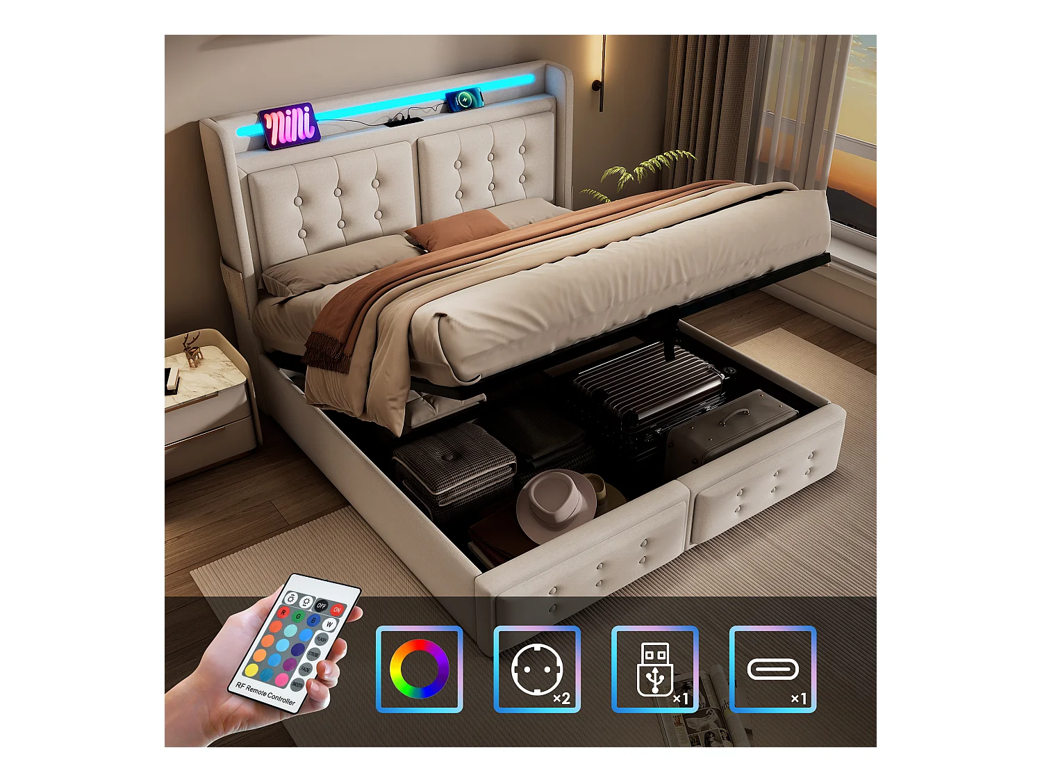 Lit coffre 160 x 200 cm avec tête de lit LED, prise USB Type-C - Tissu en coton - Beige (sans matelas)