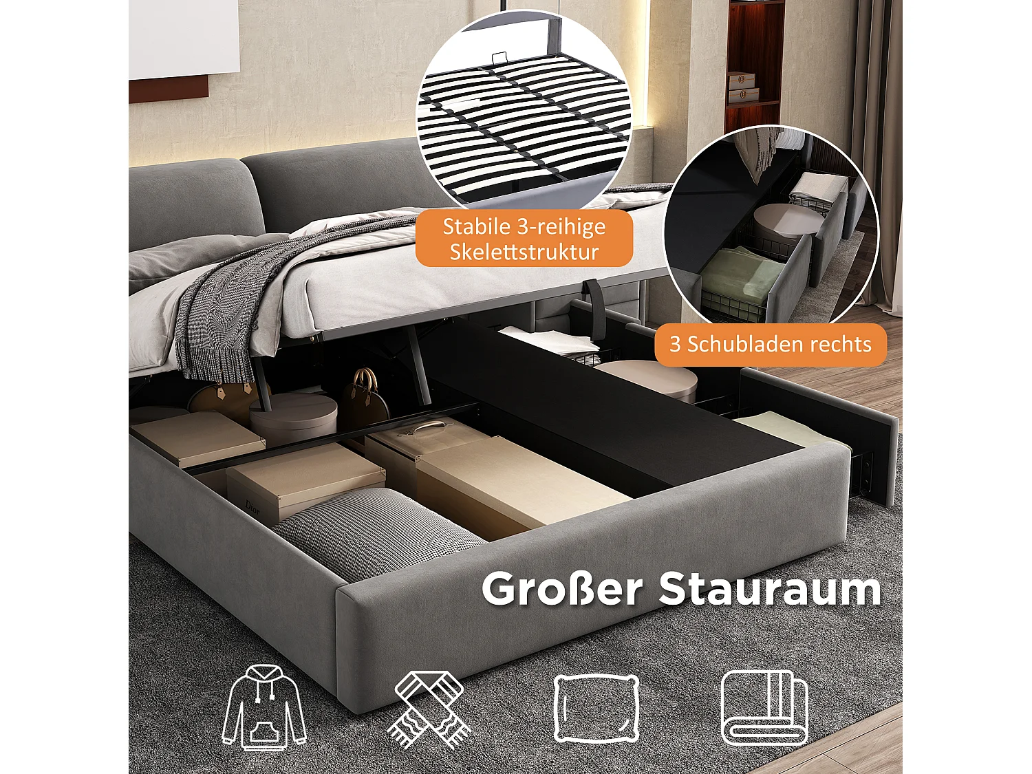 Opbergbed 160 x 200 cm met 3 lades en zacht hoofdeinde - Fluweel - Grijs (zonder matras)