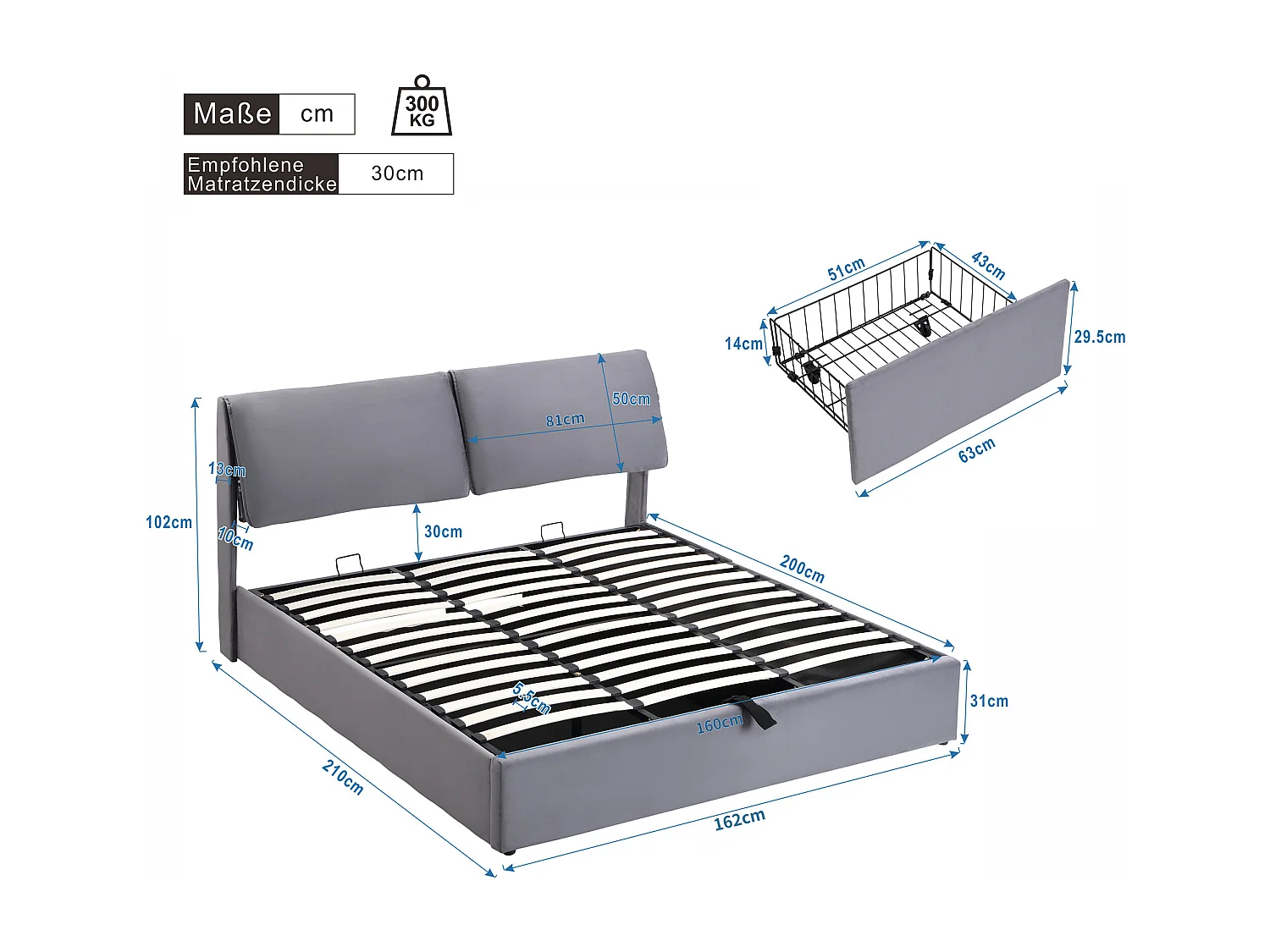 Opbergbed 160 x 200 cm met 3 lades en zacht hoofdeinde - Fluweel - Grijs (zonder matras)