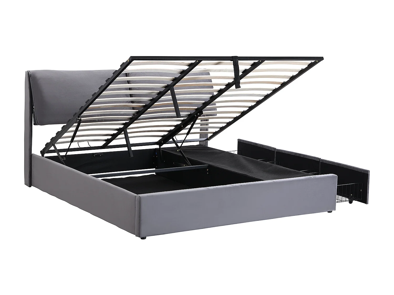 Opbergbed 160 x 200 cm met 3 lades en zacht hoofdeinde - Fluweel - Grijs (zonder matras)