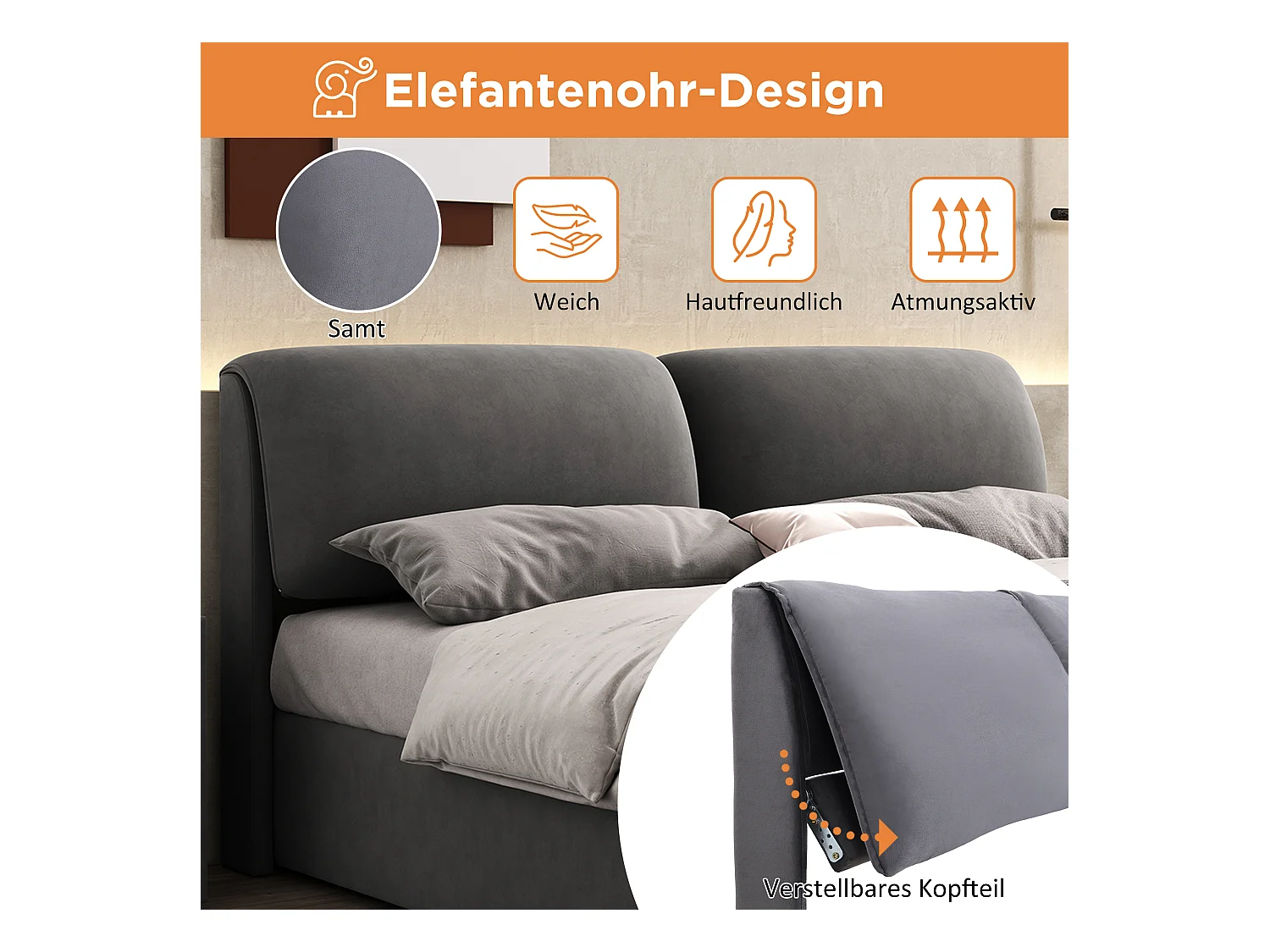 Lit coffre 160 x 200 cm avec 3 tiroirs et tête de lit moelleuse - Velours - Gris (sans matelas)