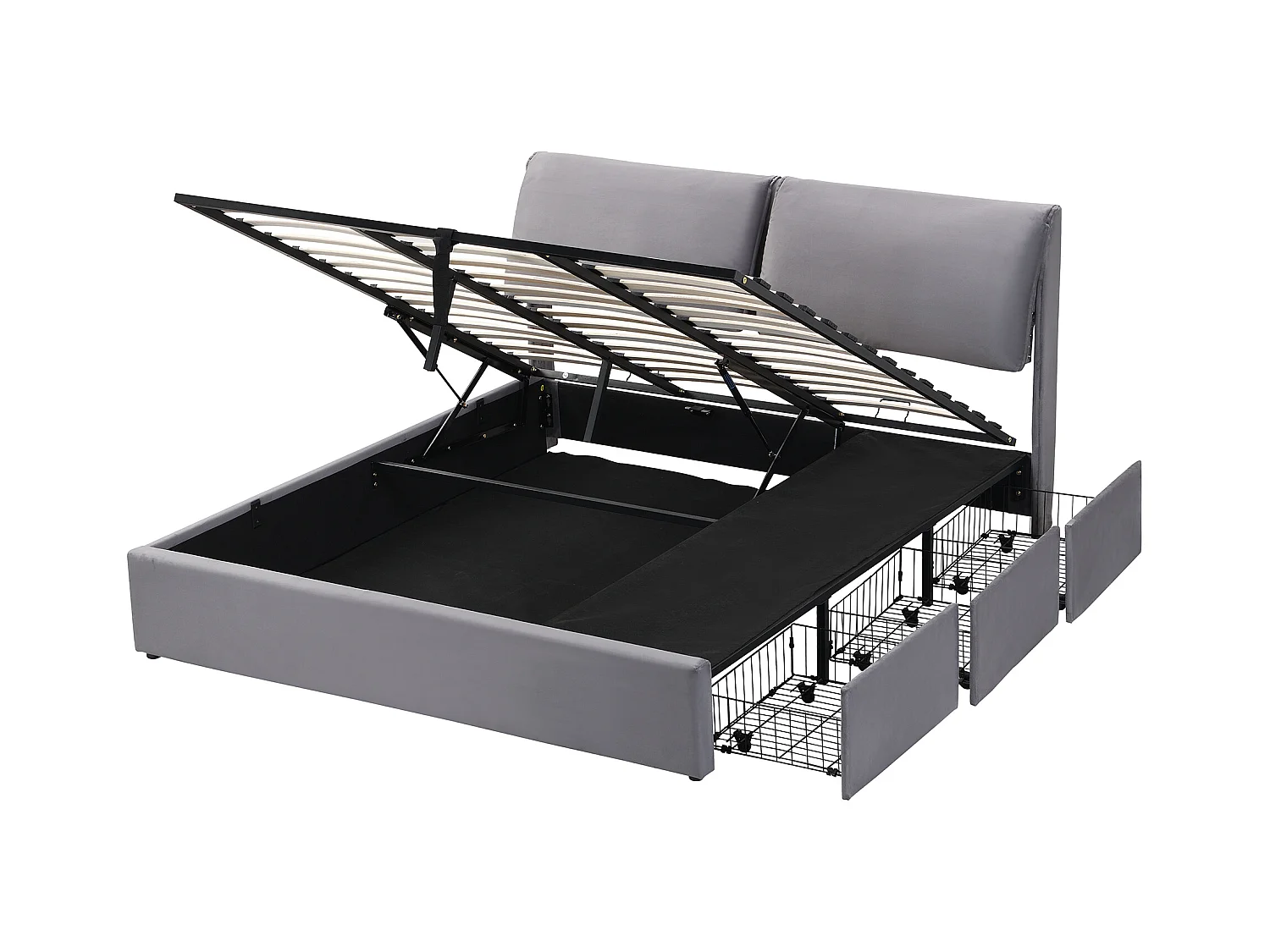 Lit coffre 160 x 200 cm avec 3 tiroirs et tête de lit moelleuse - Velours - Gris (sans matelas)