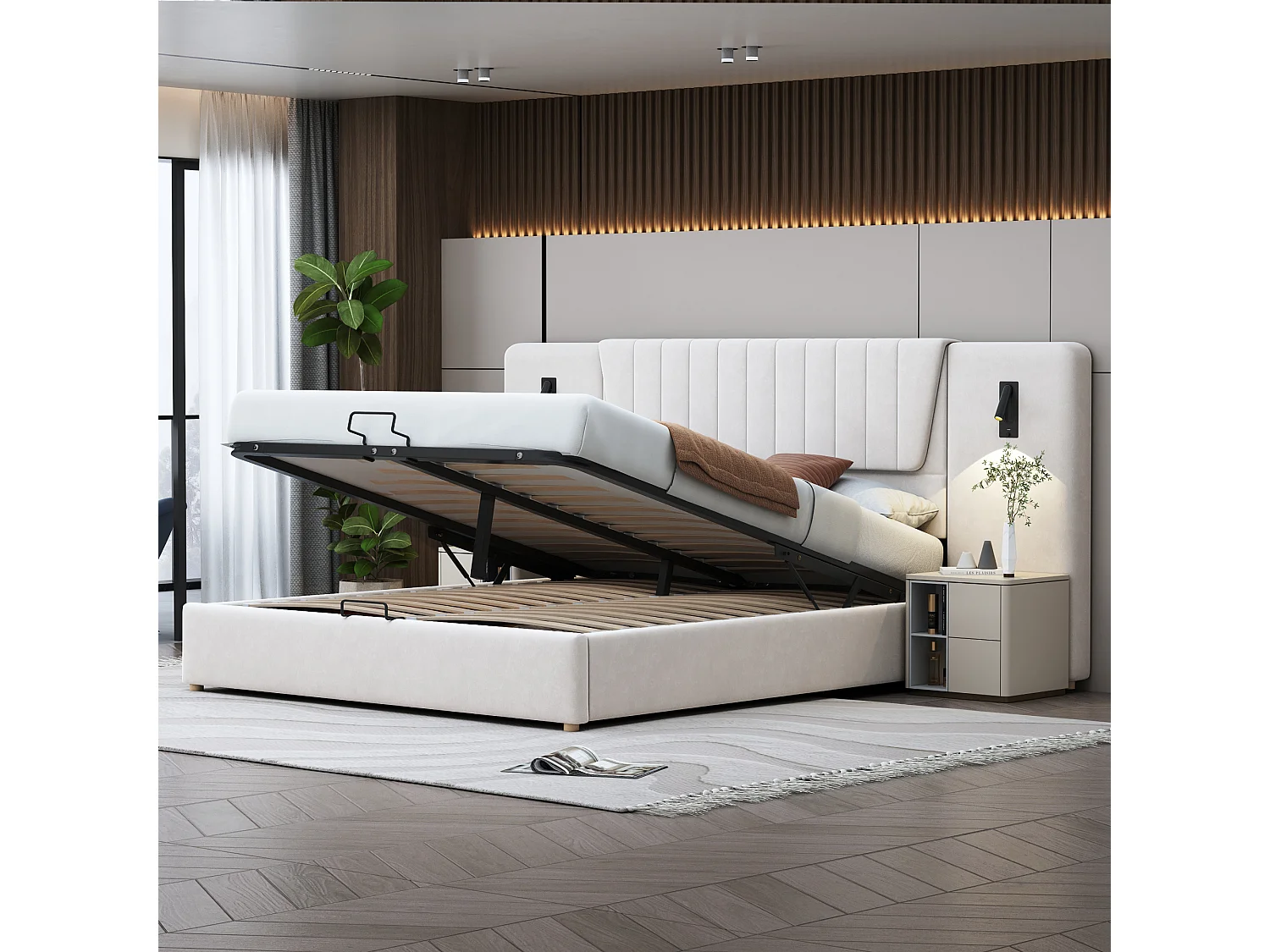 Lit coffre 180 x 200 cm avec dossier extra-long, lampe de lecture et prise USB - Velours - coloris beige (sans matelas)