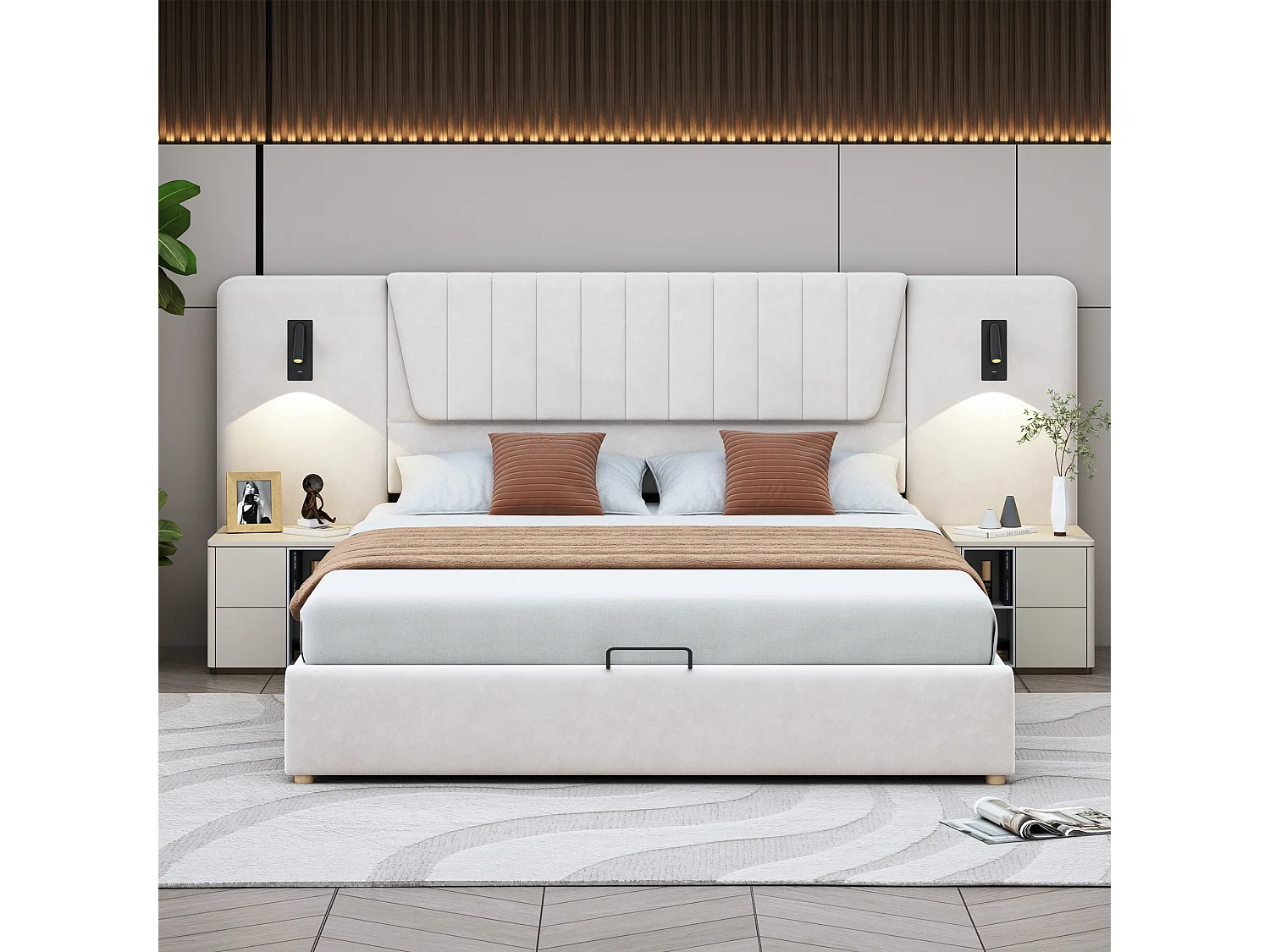 Lit coffre 180 x 200 cm avec dossier extra-long, lampe de lecture et prise USB - Velours - coloris beige (sans matelas)