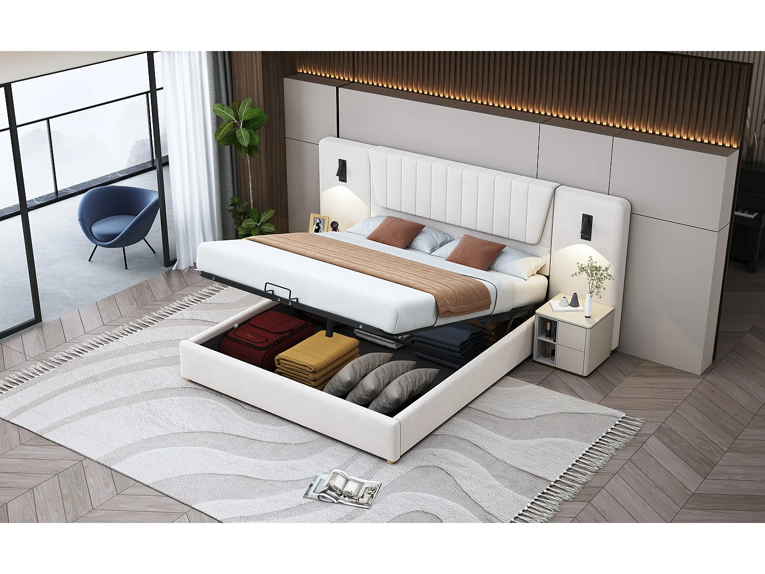 Lit coffre 180 x 200 cm avec dossier extra-long, lampe de lecture et prise USB - Velours - coloris beige (sans matelas)