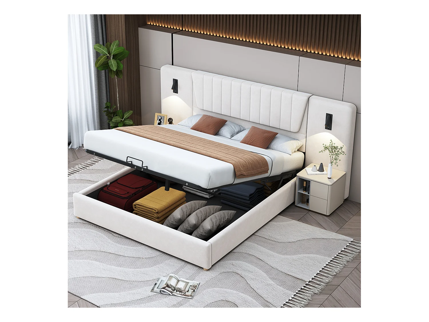 Lit coffre 180 x 200 cm avec dossier extra-long, lampe de lecture et prise USB - Velours - coloris beige (sans matelas)