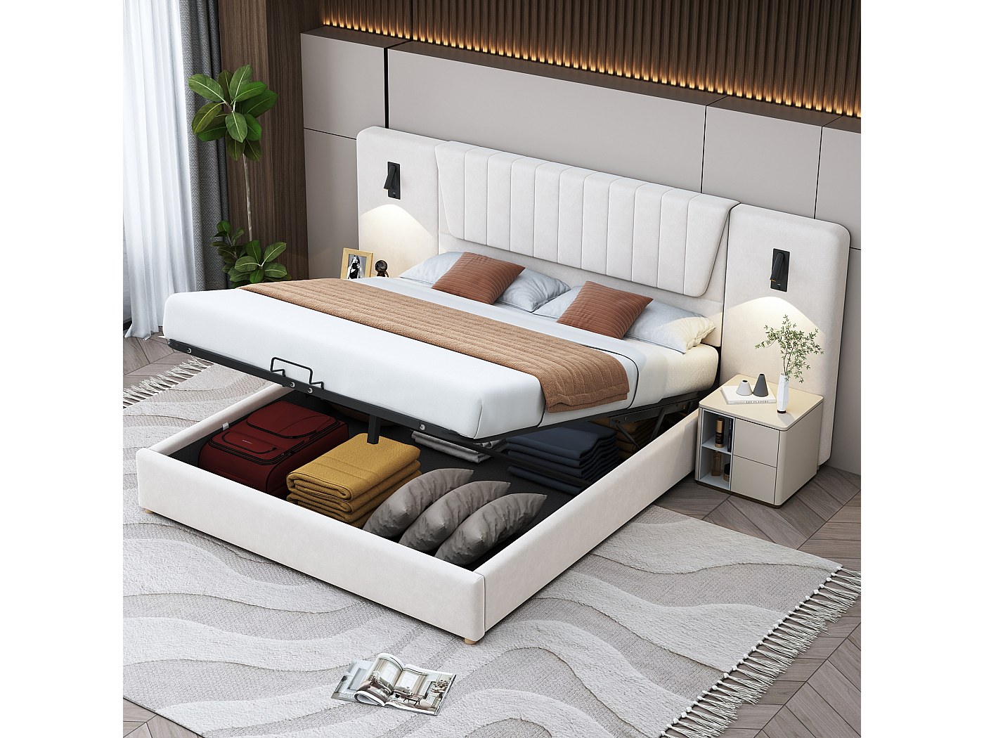 Letto contenitore 180 x 200 cm con schienale extra lungo, lampada da ...