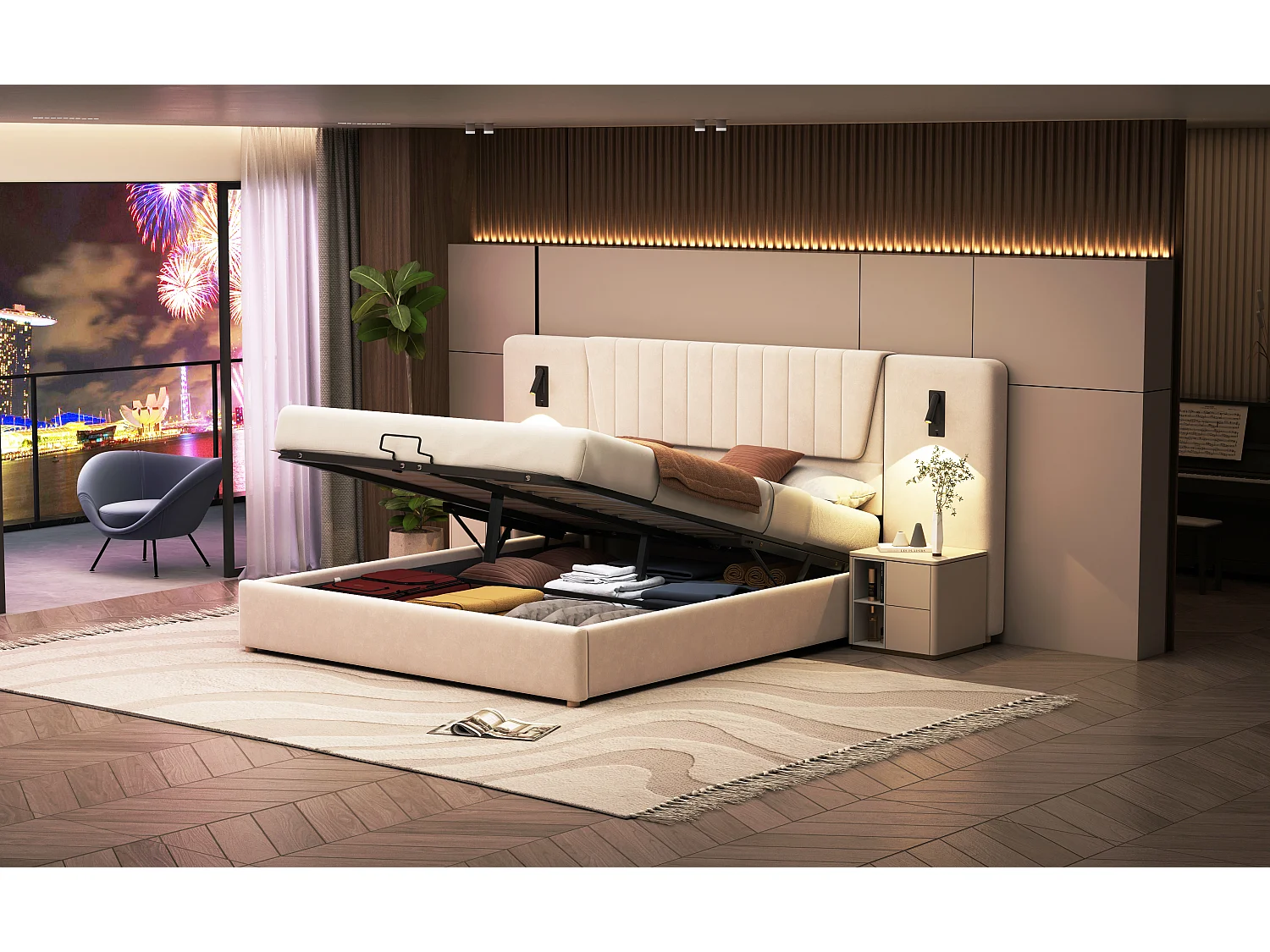 Lit coffre 180 x 200 cm avec dossier extra-long, lampe de lecture et prise USB - Velours - coloris beige (sans matelas)