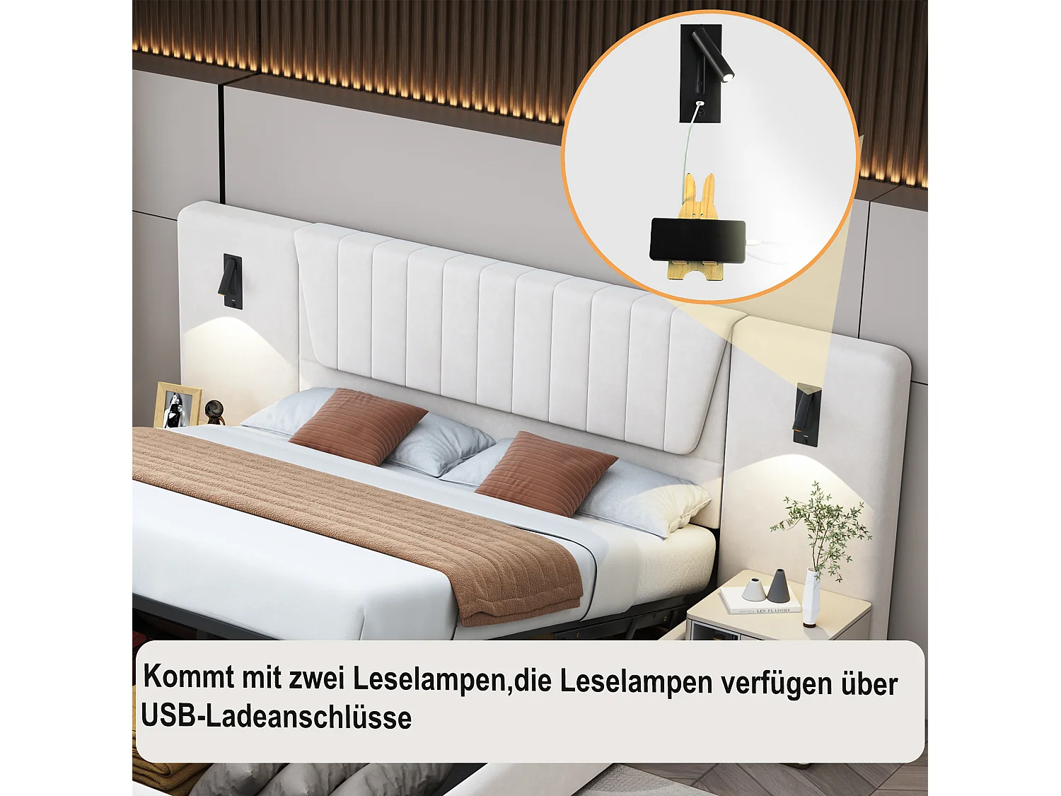 Lit coffre 180 x 200 cm avec dossier extra-long, lampe de lecture et prise USB - Velours - coloris beige (sans matelas)
