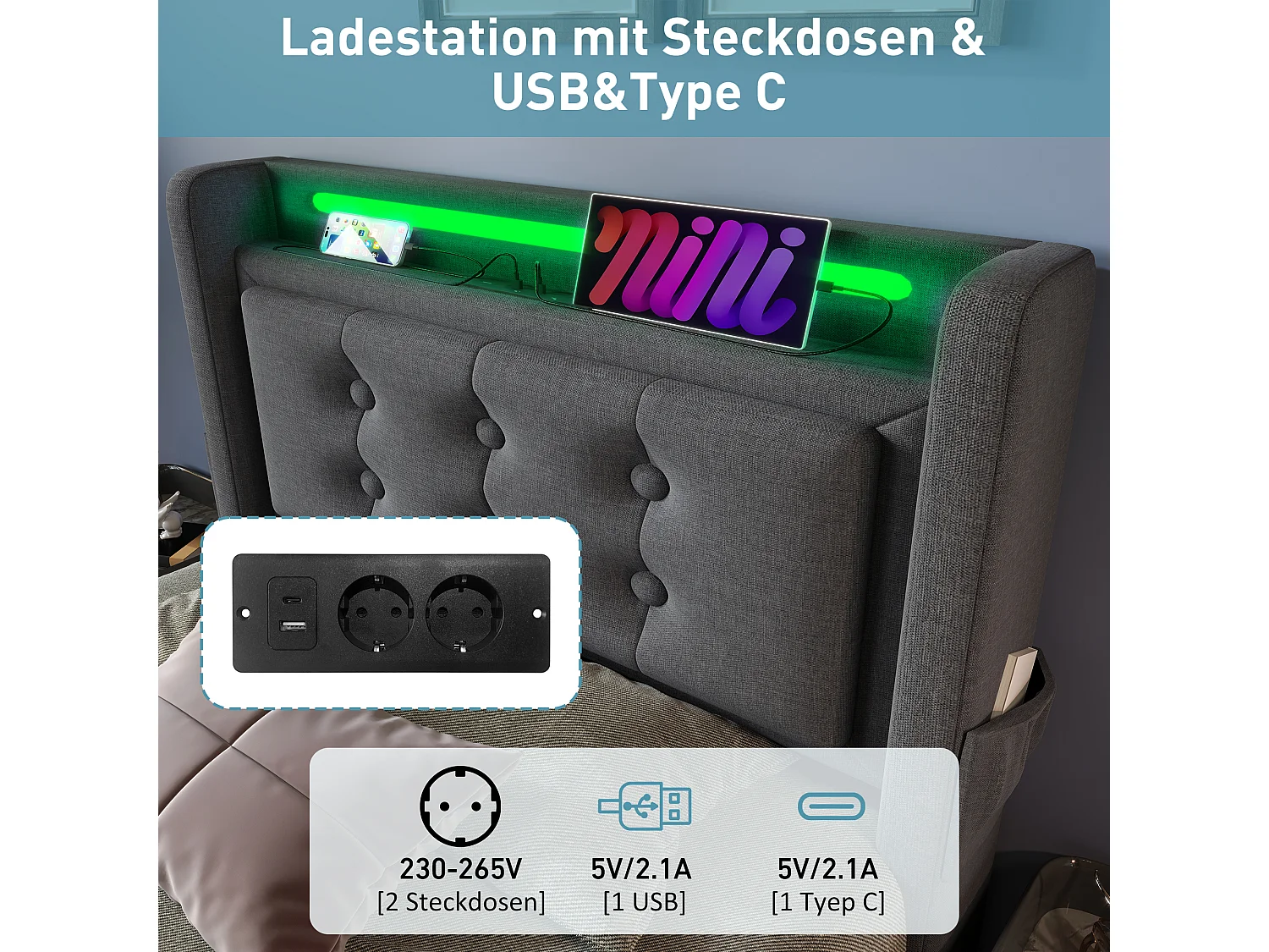 Lit coffre 90 x 200 cm avec tête de lit LED, prise USB Type-C - Tissu en coton - Gris (sans matelas)