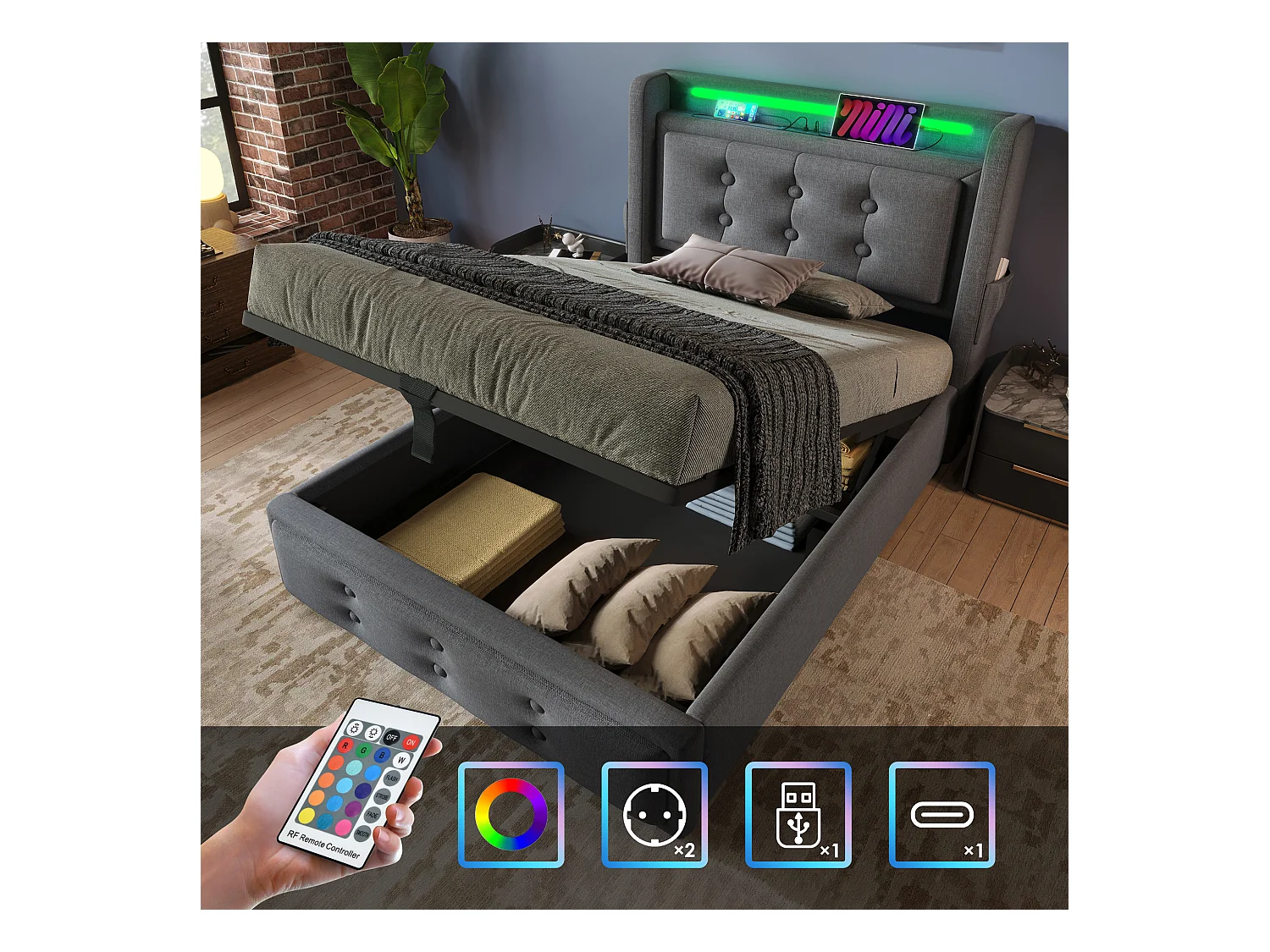 Lit coffre 90 x 200 cm avec tête de lit LED, prise USB Type-C - Tissu en coton - Gris (sans matelas)