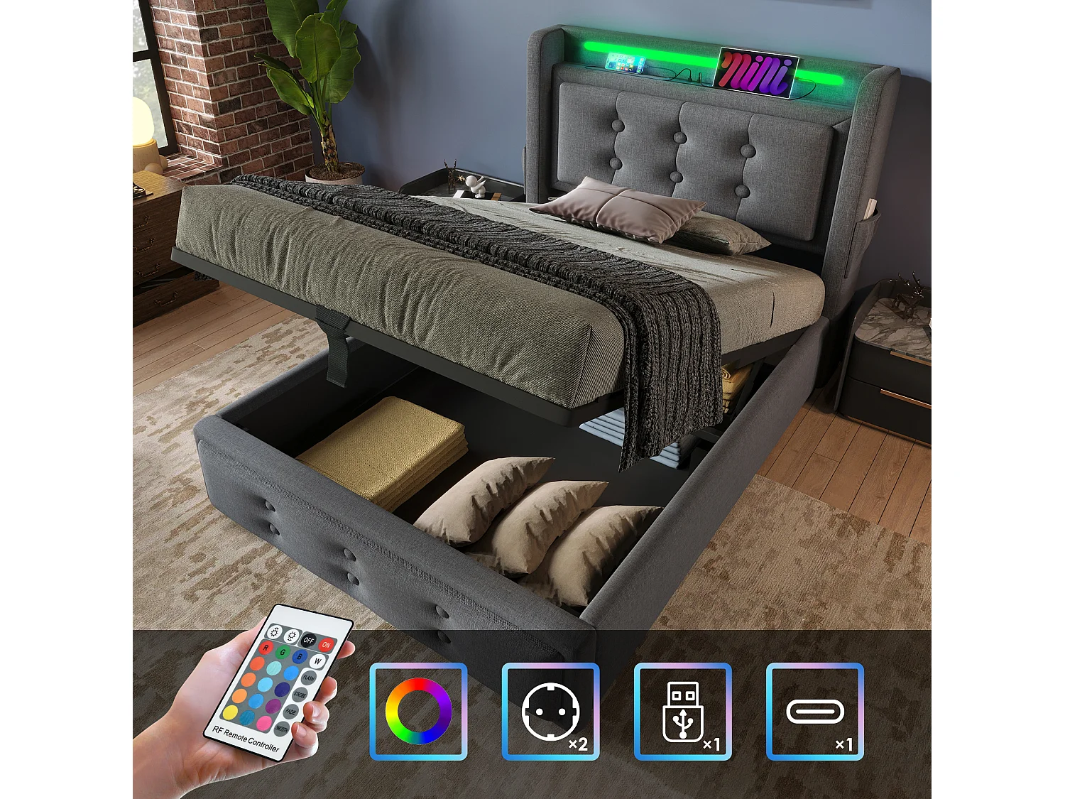 Lit coffre 90 x 200 cm avec tête de lit LED, prise USB Type-C - Tissu en coton - Gris (sans matelas)
