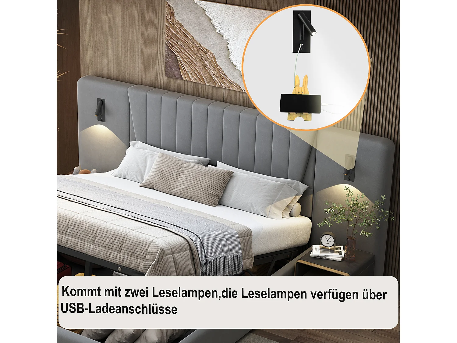 Opbergbed 180 x 200 cm met extra lange rugleuning, leeslamp en USB-aansluiting - Fluweel - grijze kleur (zonder matras)