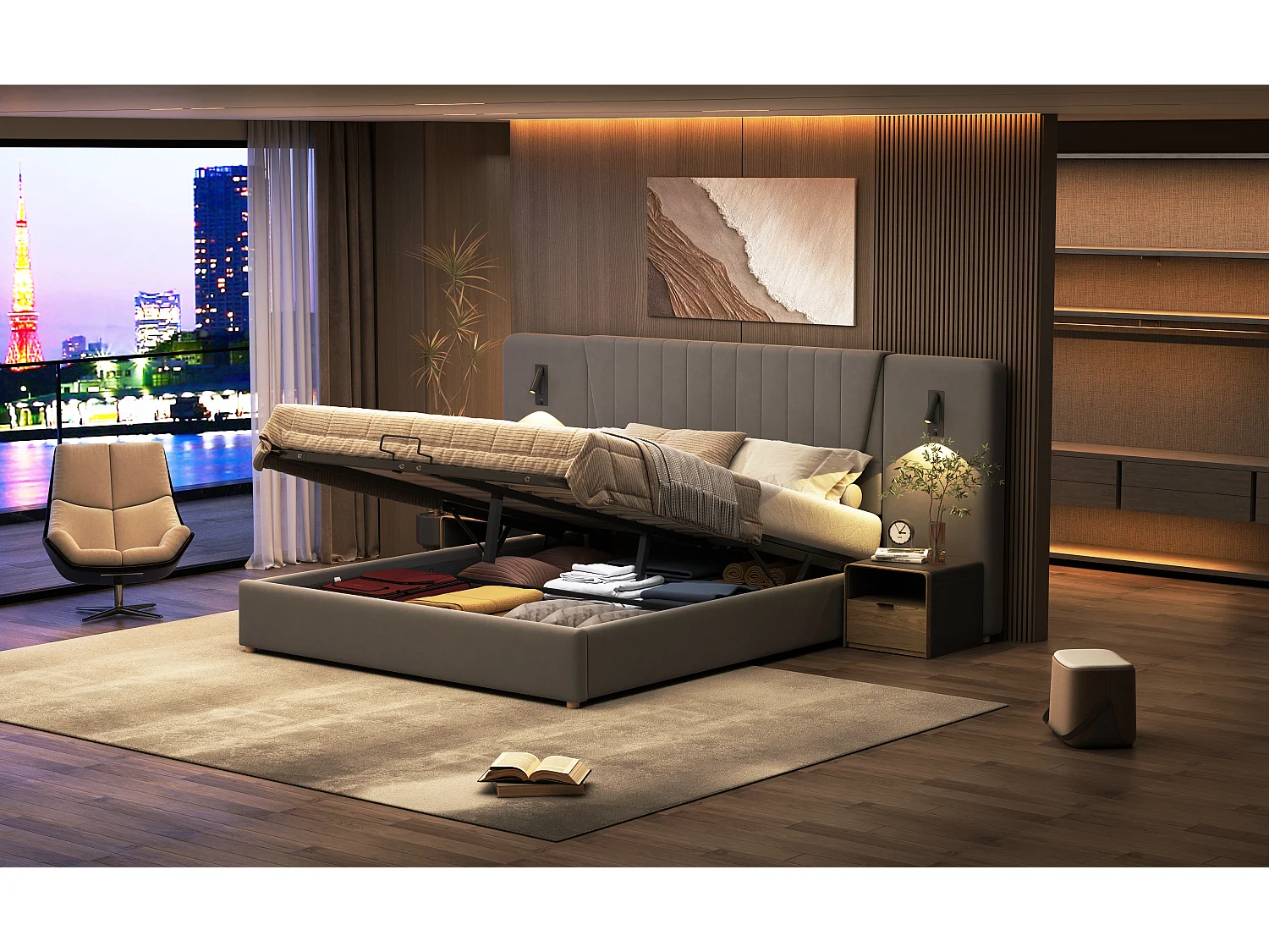 Opbergbed 180 x 200 cm met extra lange rugleuning, leeslamp en USB-aansluiting - Fluweel - grijze kleur (zonder matras)