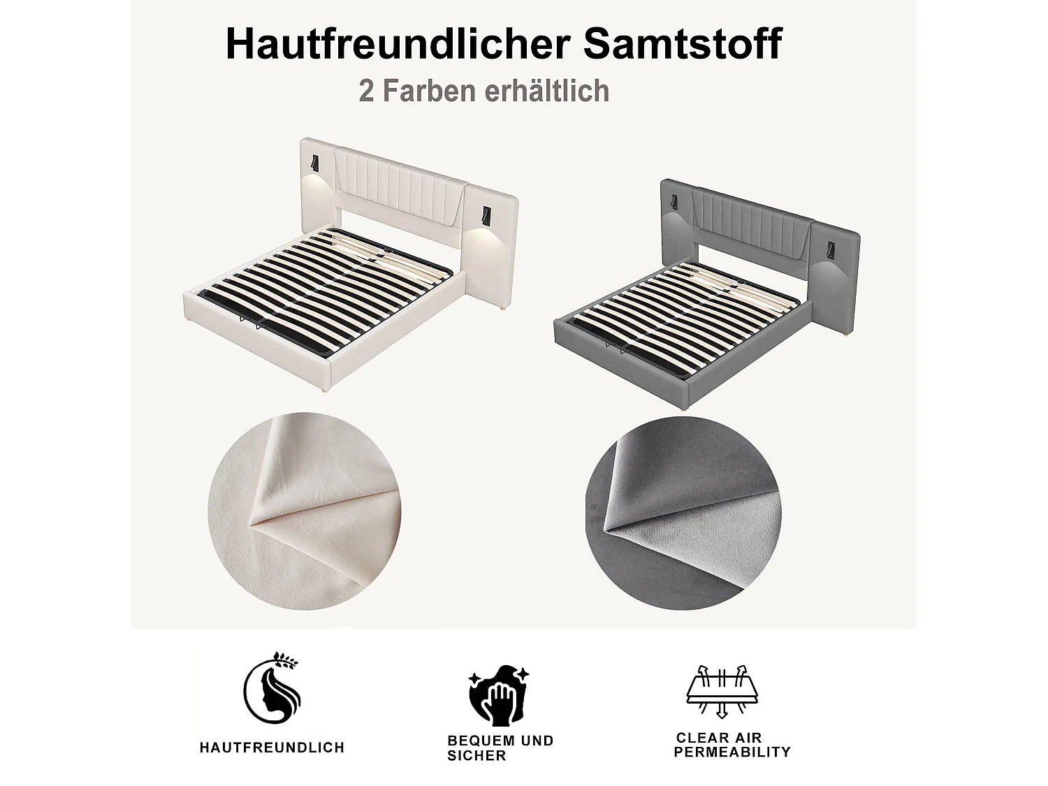 Opbergbed 180 x 200 cm met extra lange rugleuning, leeslamp en USB-aansluiting - Fluweel - grijze kleur (zonder matras)