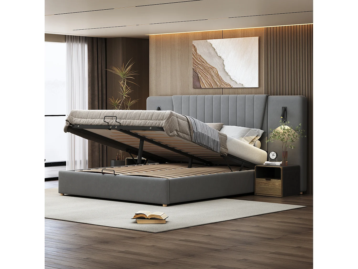 Letto contenitore 180 x 200 cm con schienale extra lungo, lampada da lettura e presa USB - Velluto - colore grigio (senza materasso)