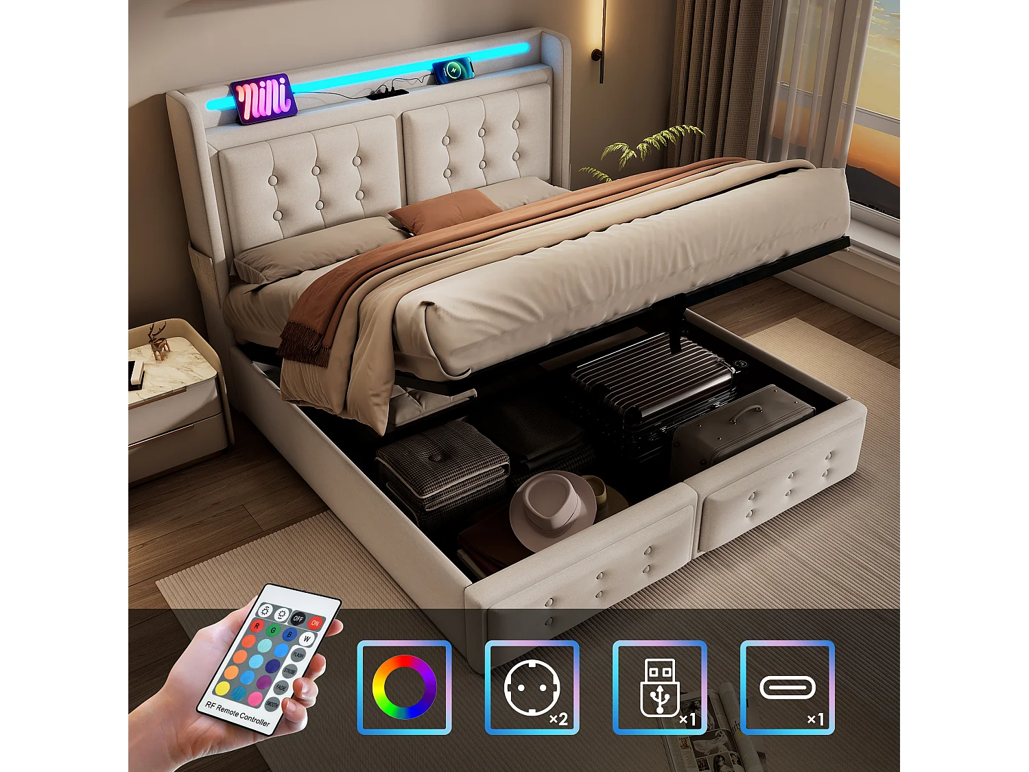 Bettkasten 140 x 200 cm mit LED-Kopfteil, USB-Typ-C-Buchse – Baumwollstoff – Beige (ohne Matratze)