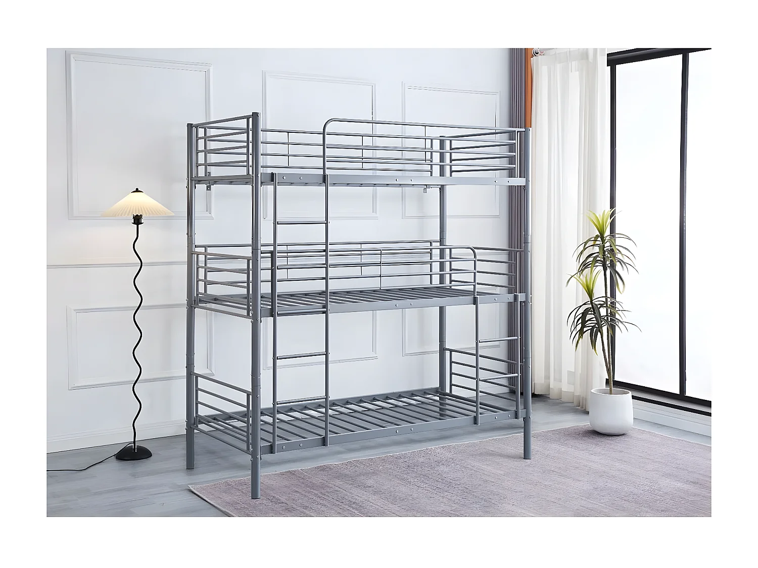 Lit superposé en métal triple "HAVIN" - 90 x 190 cm - Gris