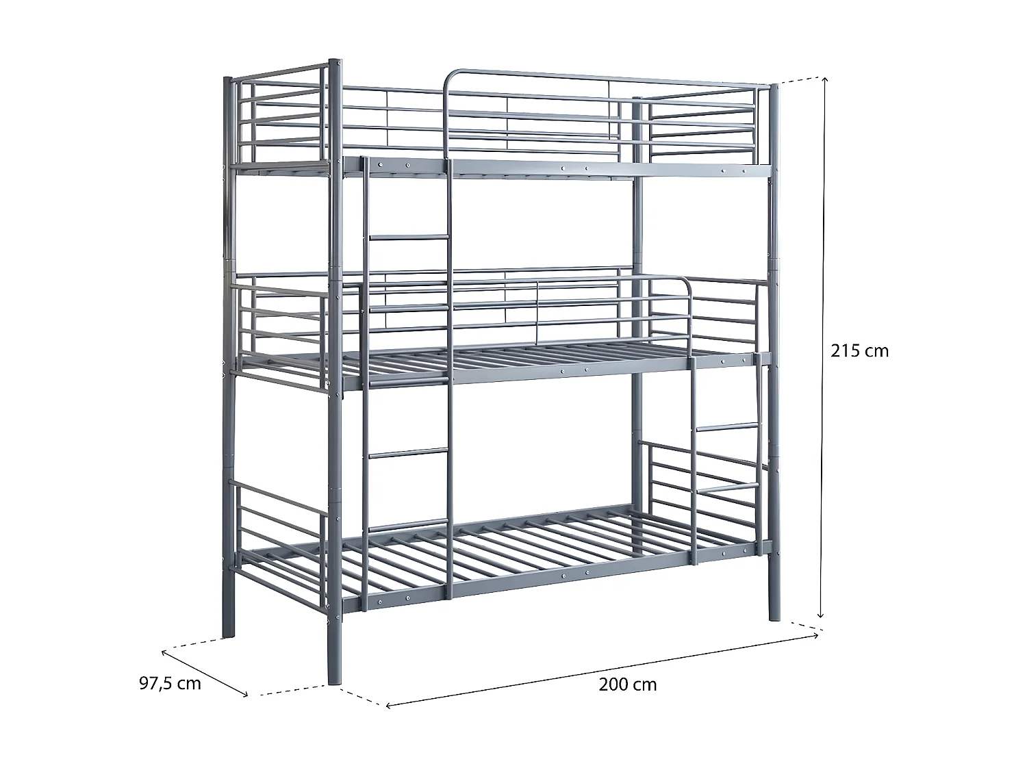 Lit superposé en métal triple "HAVIN" - 90 x 190 cm - Gris