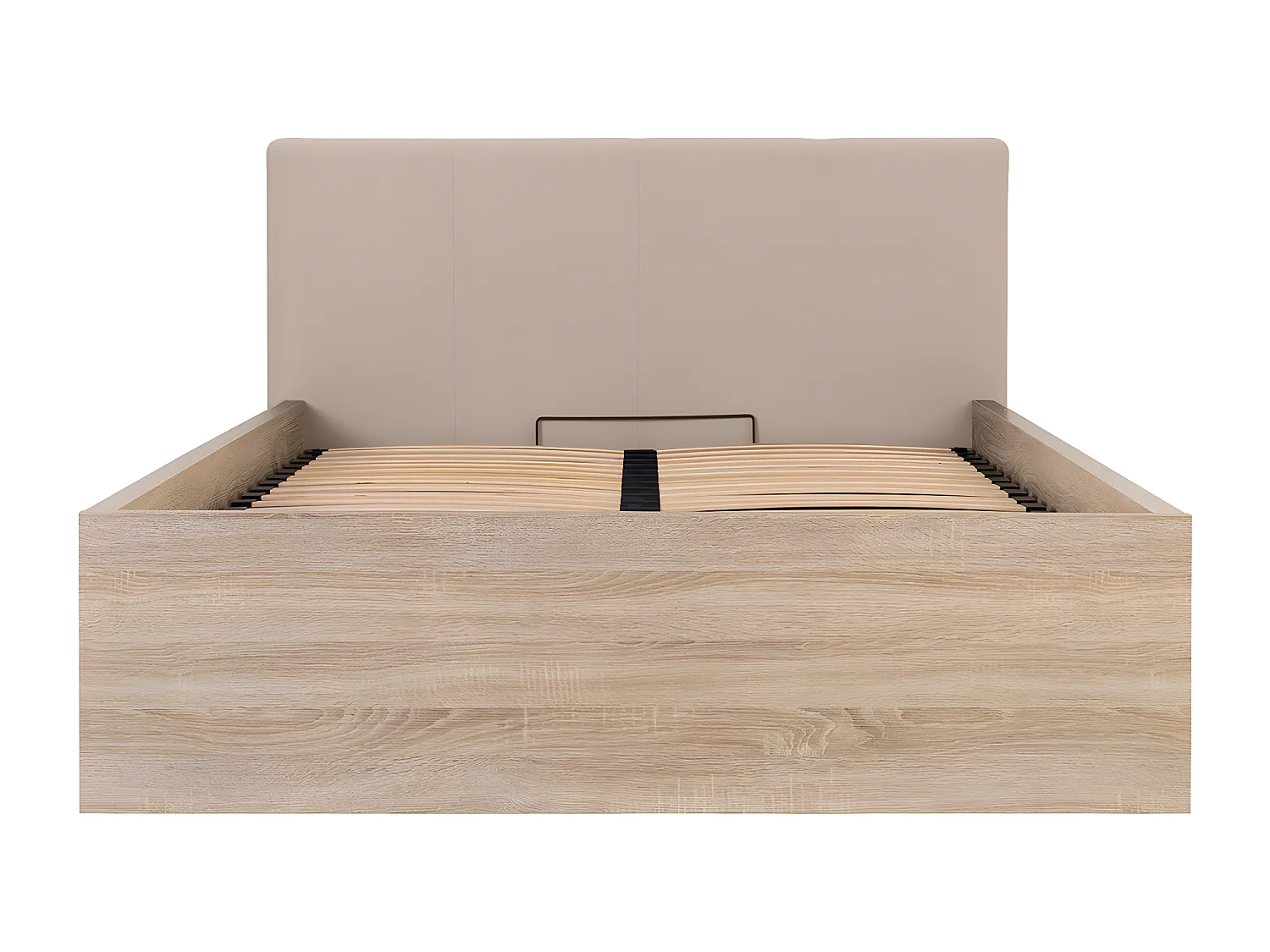 Lit coffre 160x200 tête de lit rembourrée sommier inclus Edwin Bois Clair et Beige