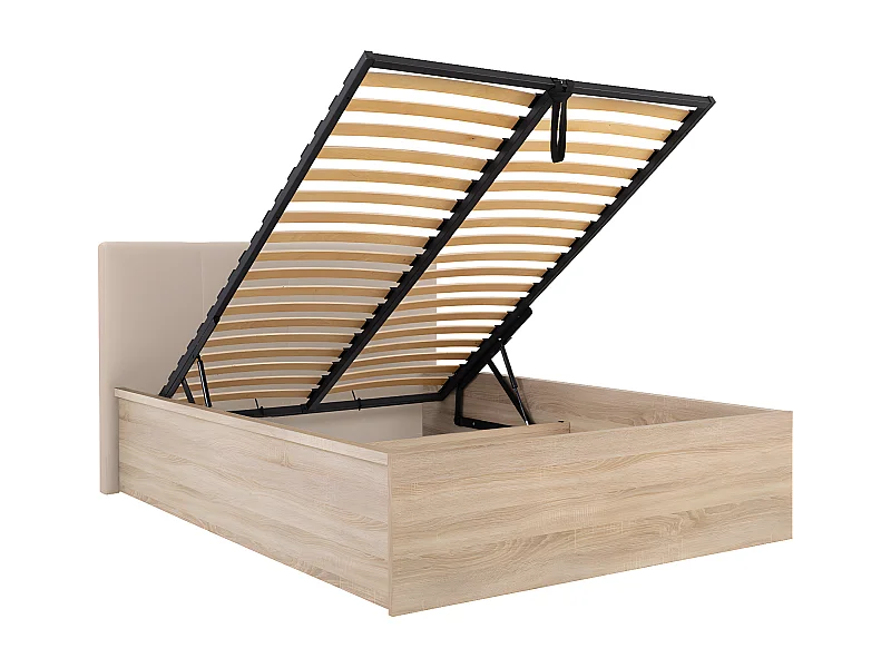 Lit coffre 160x200 tête de lit rembourrée sommier inclus Edwin Bois Clair et Beige
